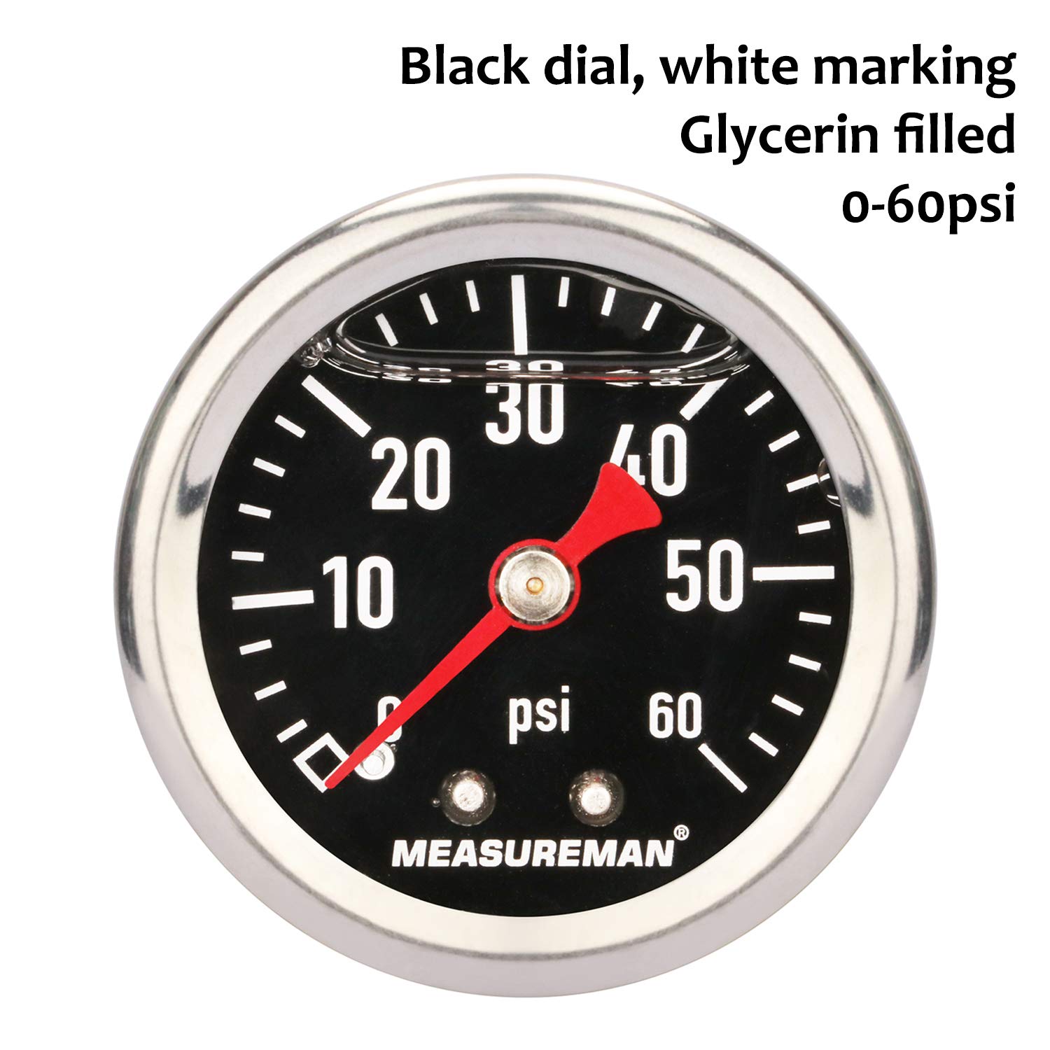 Measureman Fuel Pressure Gauge 0-60Psi 1.5'' Dial, 1/8'' Npt Back, Stainless Steel Case, Brass Inside, Glycerin Filled, Black Di