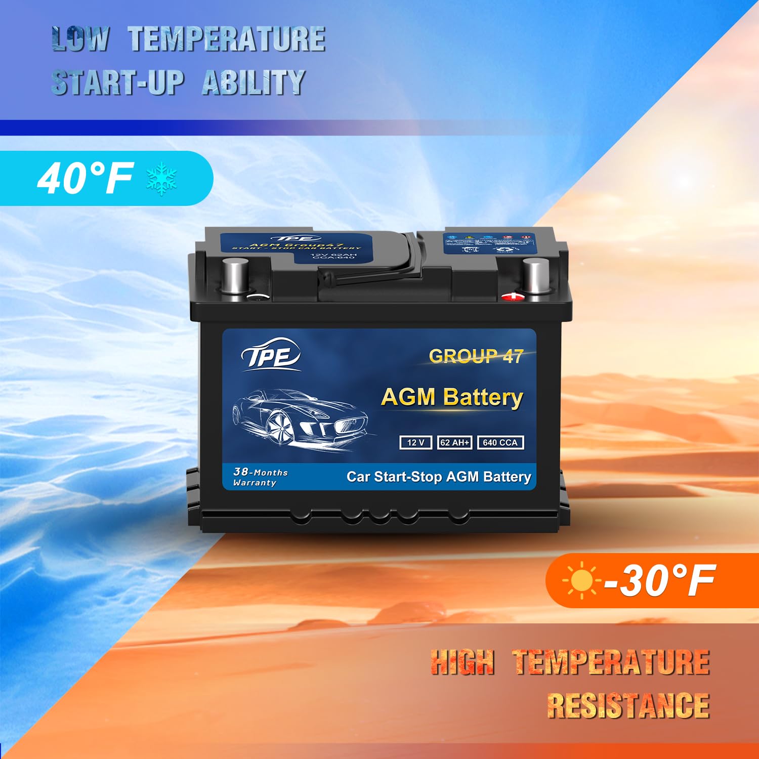 TPE AGM Battery BCI Group 47, Maintenance Free 12V 62Ah, H5 Size, 100RC, 640CCA, Automotive Battery, Reliable Performance for Ca
