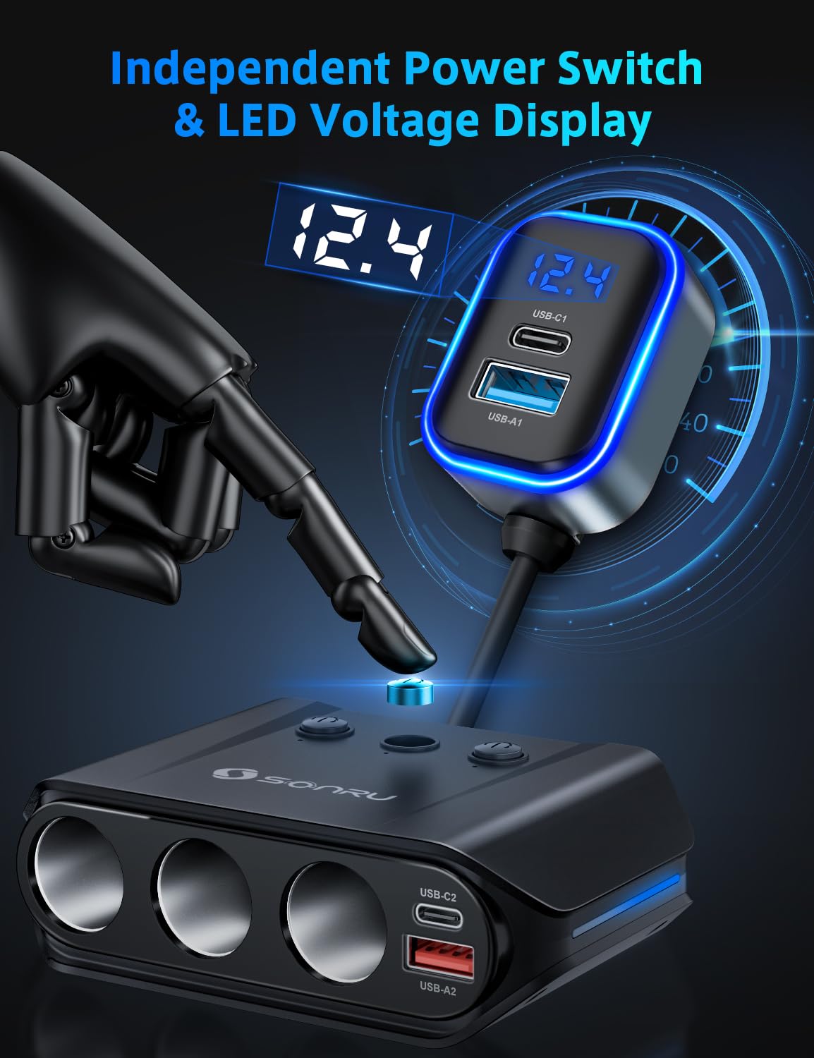 7 in 1 Cigarette Lighter Splitter, SONRU 180W (max 192W) 3-Socket Car Cigarette Lighter Adapter with Dual PD 36W/QC3.0 Fast Char