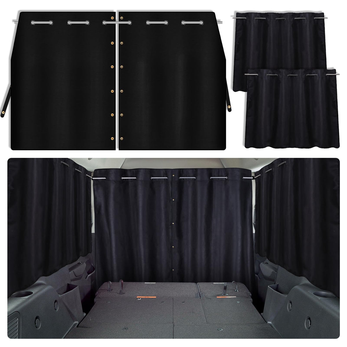 Zatooto Car Window Shades With Rods Set Of 3, Side Window Shade For Back Window & Privacy Blackout Car Divider Curtain Set Opaqu
