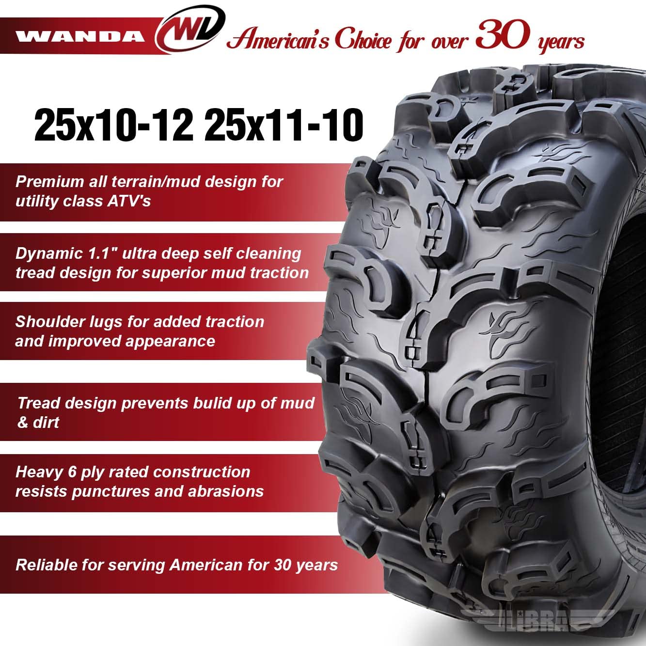 Wanda Set 6 Atv Utv Tires (2) 25X10-12 Front & (4) 25X11-10 Rear Super Lug Mud