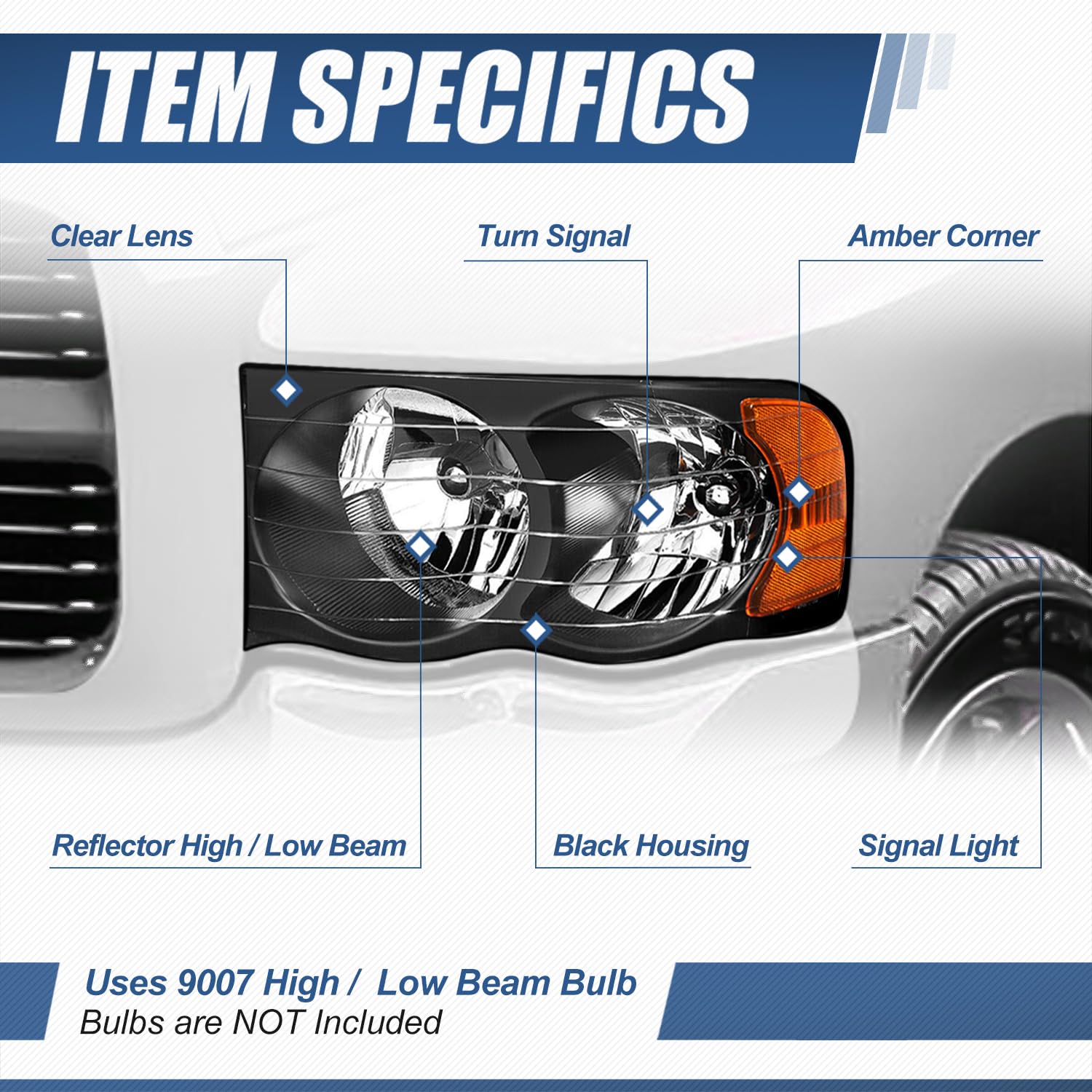 Auto Dynasty Headlights Assembly Compatible With 2002 2003 2004 2005 Dodge Ram 1500 2500 3500, Driver And Passenger Side Halogen