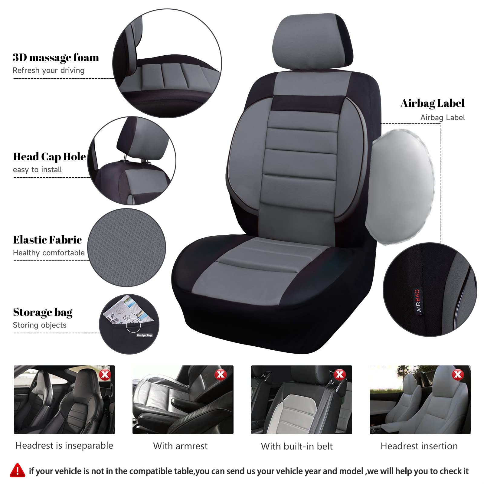 Car Pass 6Pcs Elegance Universal Fit Two Front Car Seat Covers Set ,Foam Back Support,Airbag Compatible,Fit For Suvs,Sedans,Cars(Black With Gray)