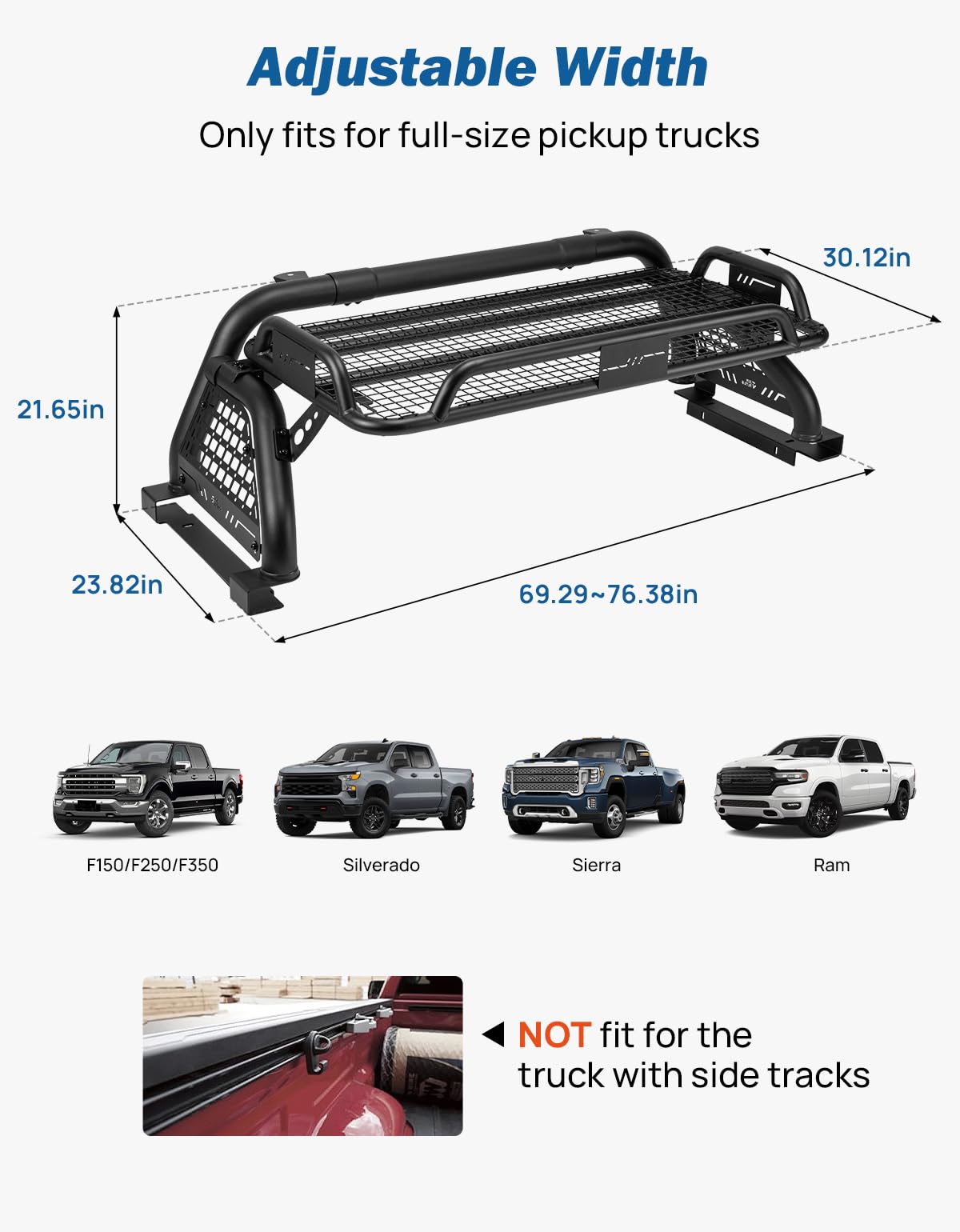 JOYTUTUS Roll Bar with Cargo Basket for Full-Size Truck, Extendable Chase Rack Pickup Sports Bar Compatible with F150, F250, F35