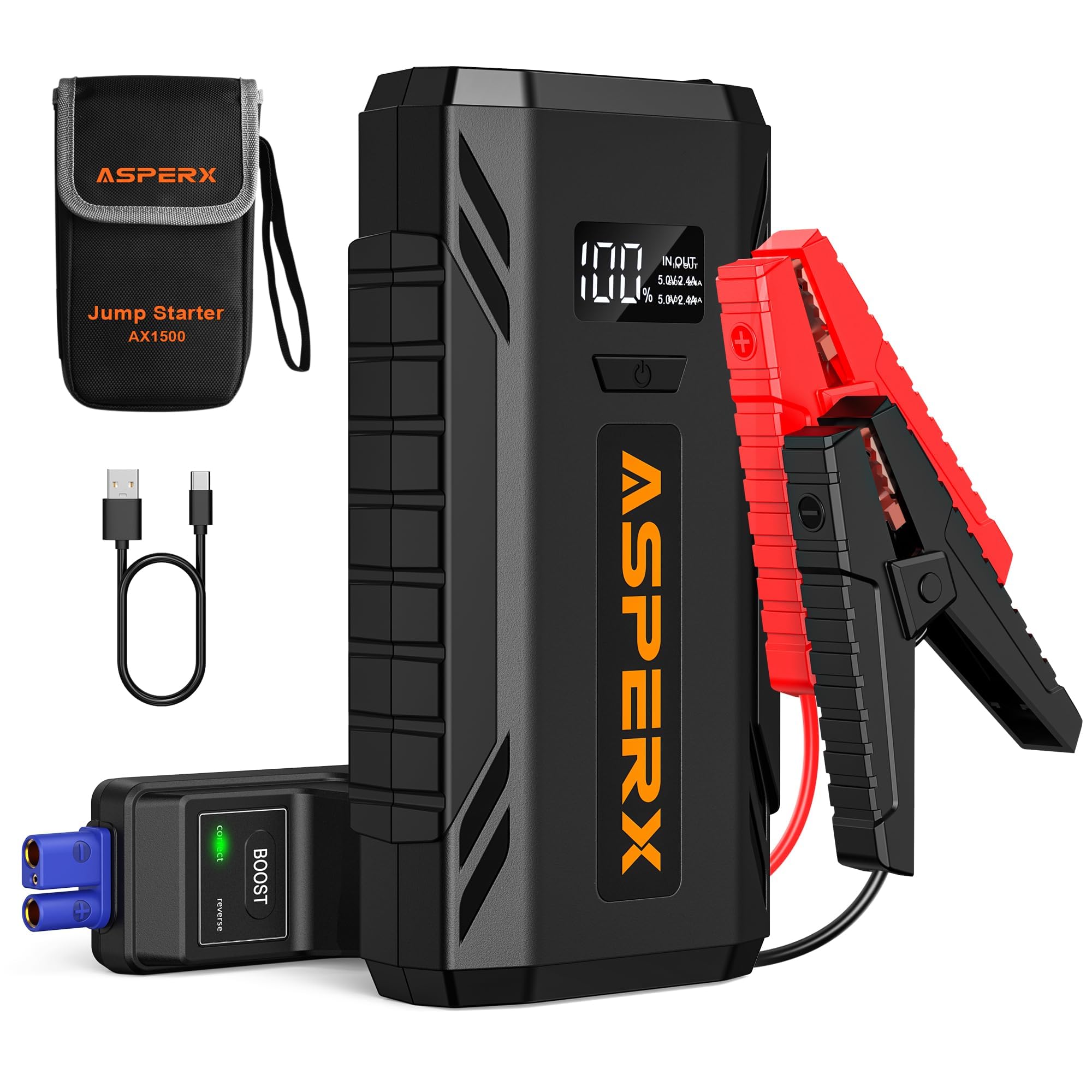 ASPERX Car Jump Starter, 2000A Peak Battery Jump Starter for Up to 7.0L Gas or 5.5L Diesel Engine, 12V Portable Battery Starter 