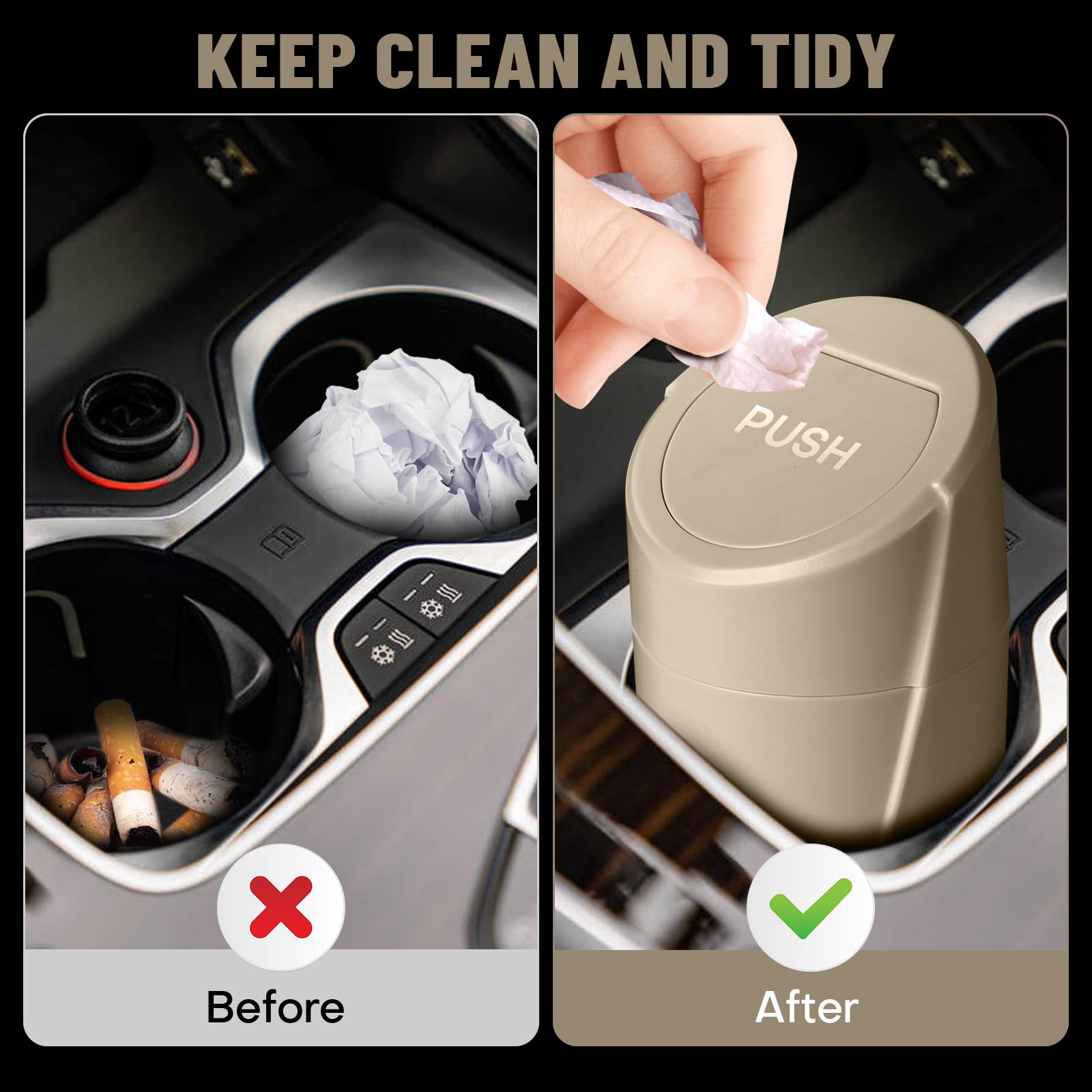 Car Trash Can Bin With Lid - 2 Packs Car Garbage Can Cup Holder - Beige Mini Leakproof Vehicle Trash Garbage Can Bin With 40Pcs