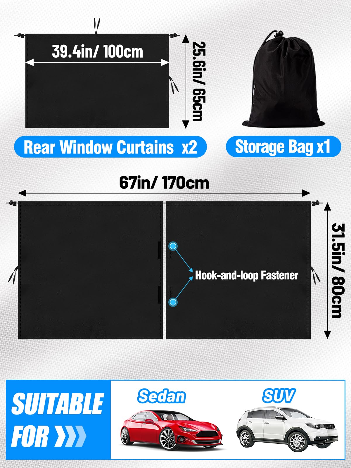 Set Of 3 Car Window Shades - 95% Light Blocking Sunshades, 1 Privacy Divider Curtains & 2 Side Window Covers, Wide Sedan Suv Acc