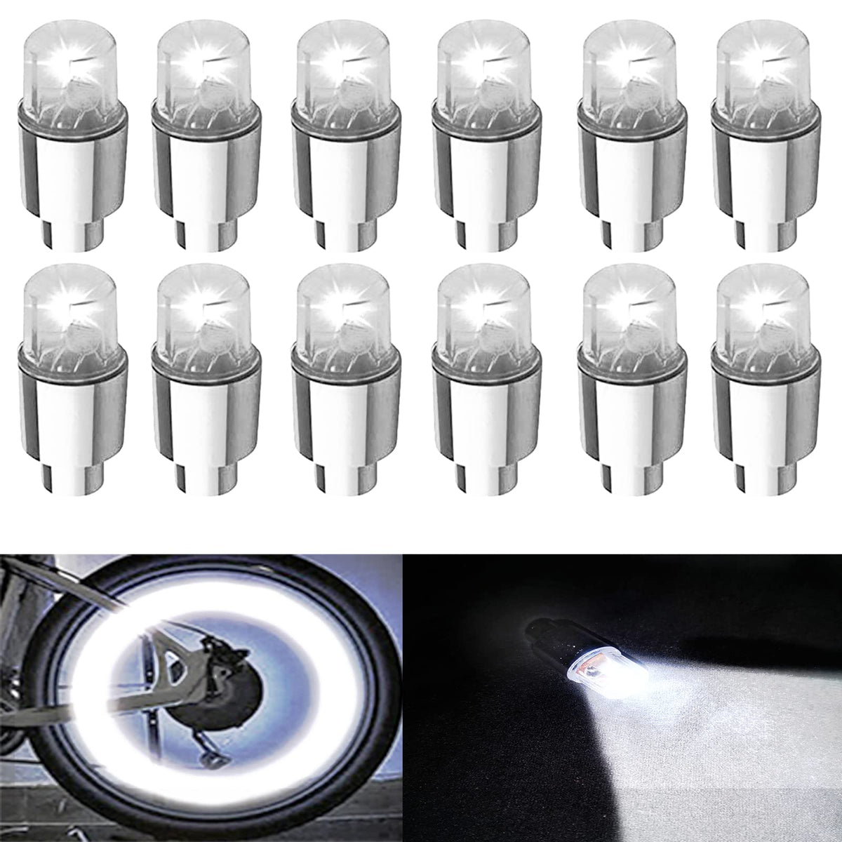 FICBOX 12 PCS LED Wheel Lights Flash Light Tire Valve Cap Lamp for Car Trucks Motorcycle Bike (White)