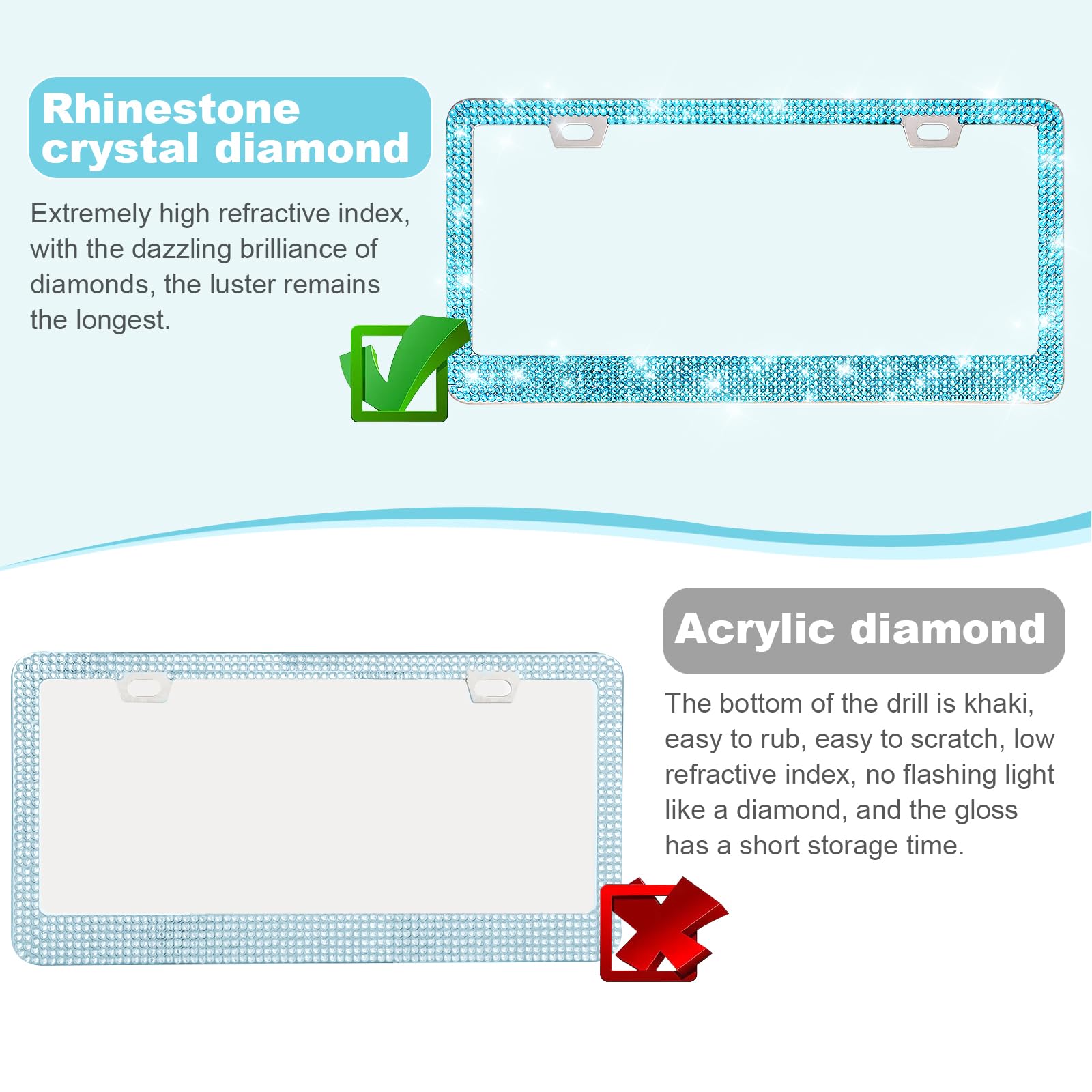 Quanqiufei 2 Pack Bling License Plate Frames For Women, Sparkly Rhinestone Diamond Car Accessories With Glitter Crystal Caps (La