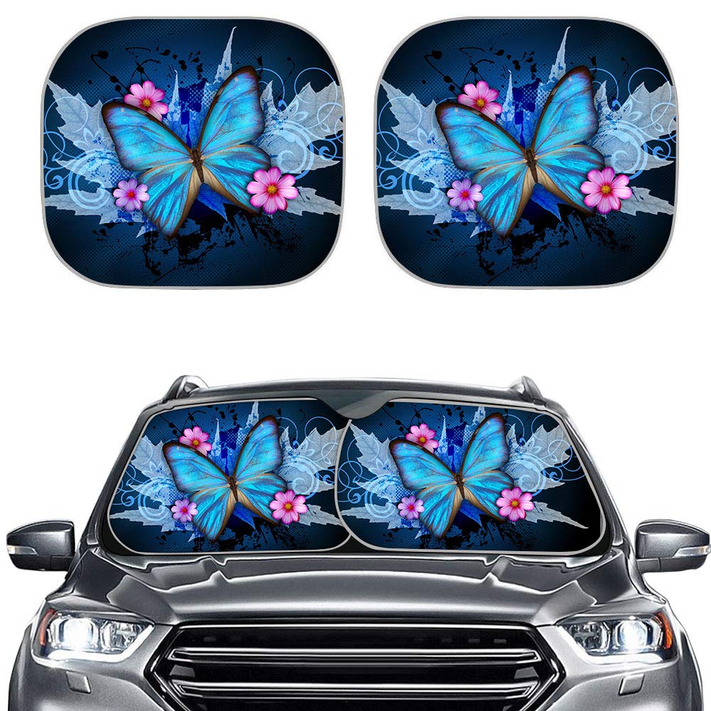 Huisefor Butterfly Windshield Sun Shade For Car Suv Trucks Minivan Vehicle Window Sunshade ,Blue Designs Sun Visor ,Flower Outdo