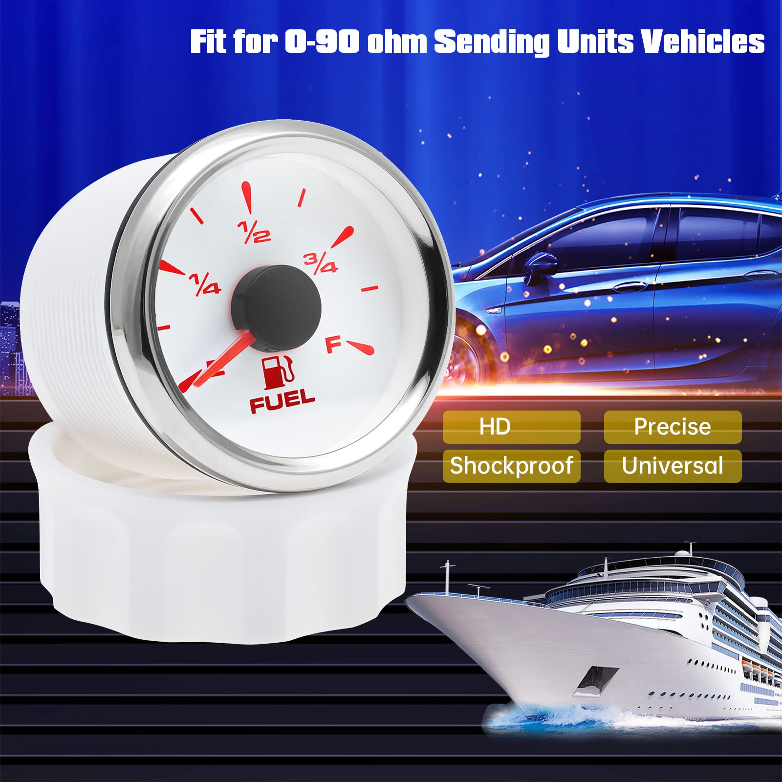 ARTILAURA Marine Boat Fuel Gauge – 0-90 Ohm Gas Level Meter, 52mm, White, Metal, Universal for Car, Truck, RV