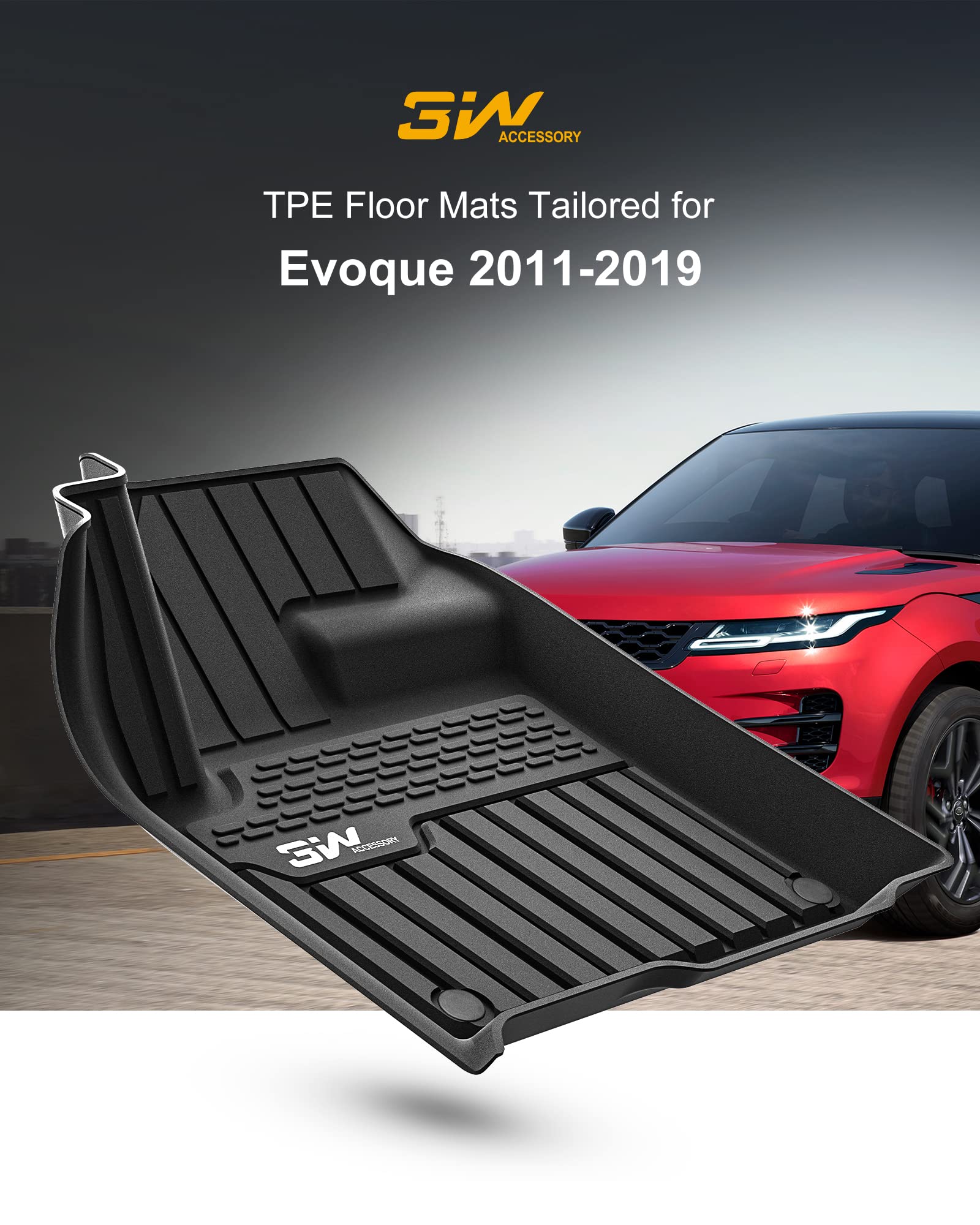 3W Durable Tpe Black Floor Mats, Custom Fit For Range Rover/Land Rover Evoque 2011-2019 (Not For Convertible), 1St & 2Nd Row All