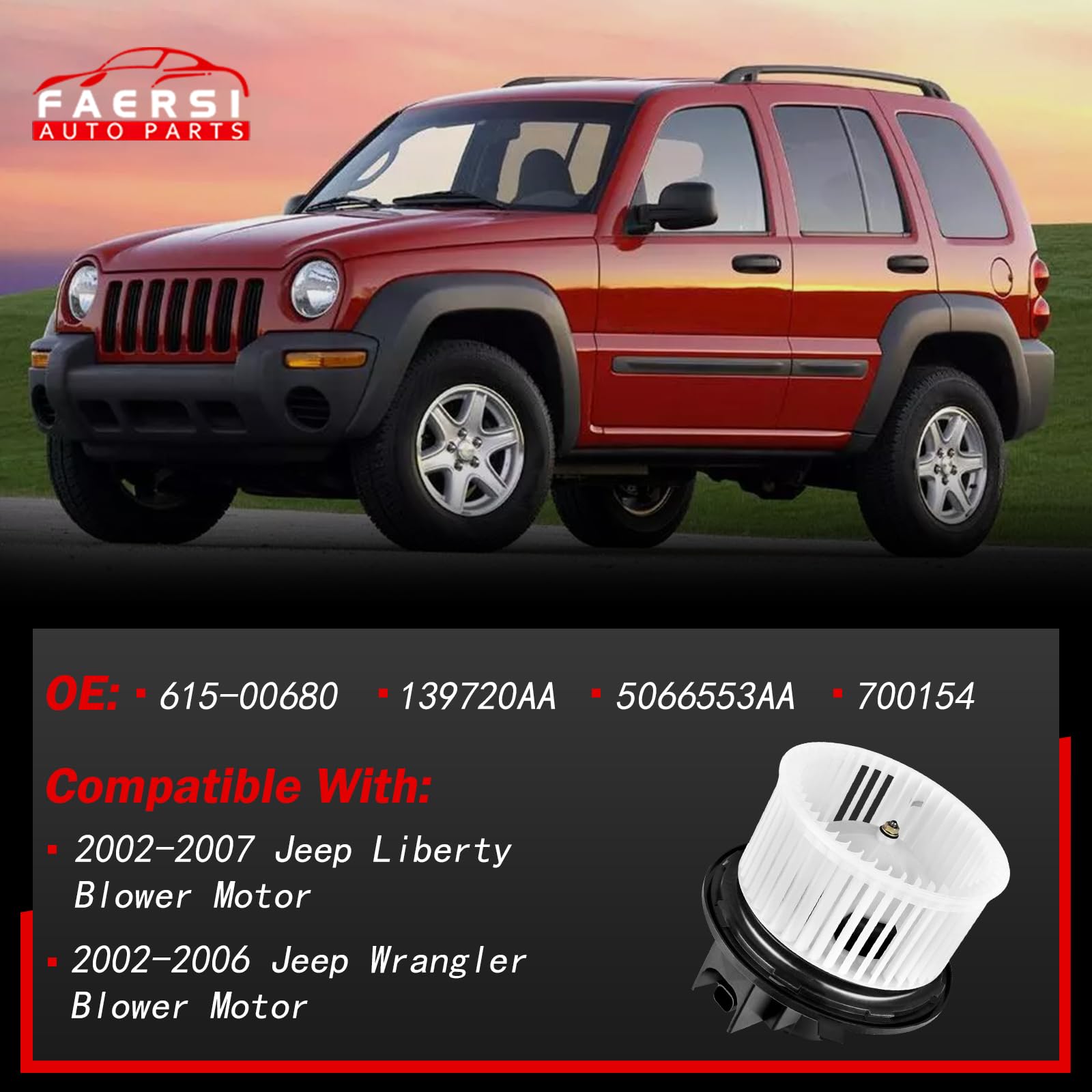 Faersi A/C Heater Blower Motor With Fan Cage Compatible With Jeep Wrangler 2002-2006, Jeep Liberty 2002-2007 Hvac Blower Motor A