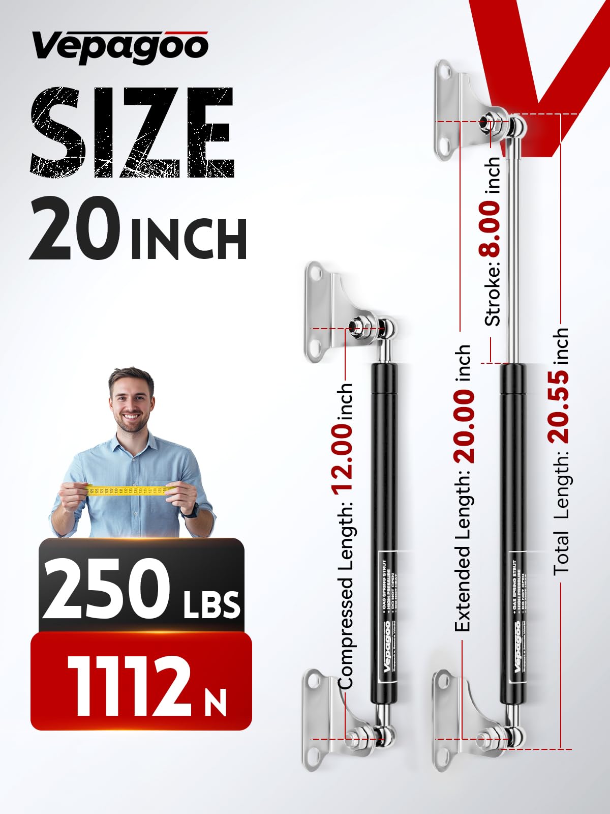 Vepagoo Gas Struts 20 Inch 250Lb/1112N Shock With Mounting Brackets, Rv Bed Storage Door Lift Kit, Heavy Lid Duty Support Spring