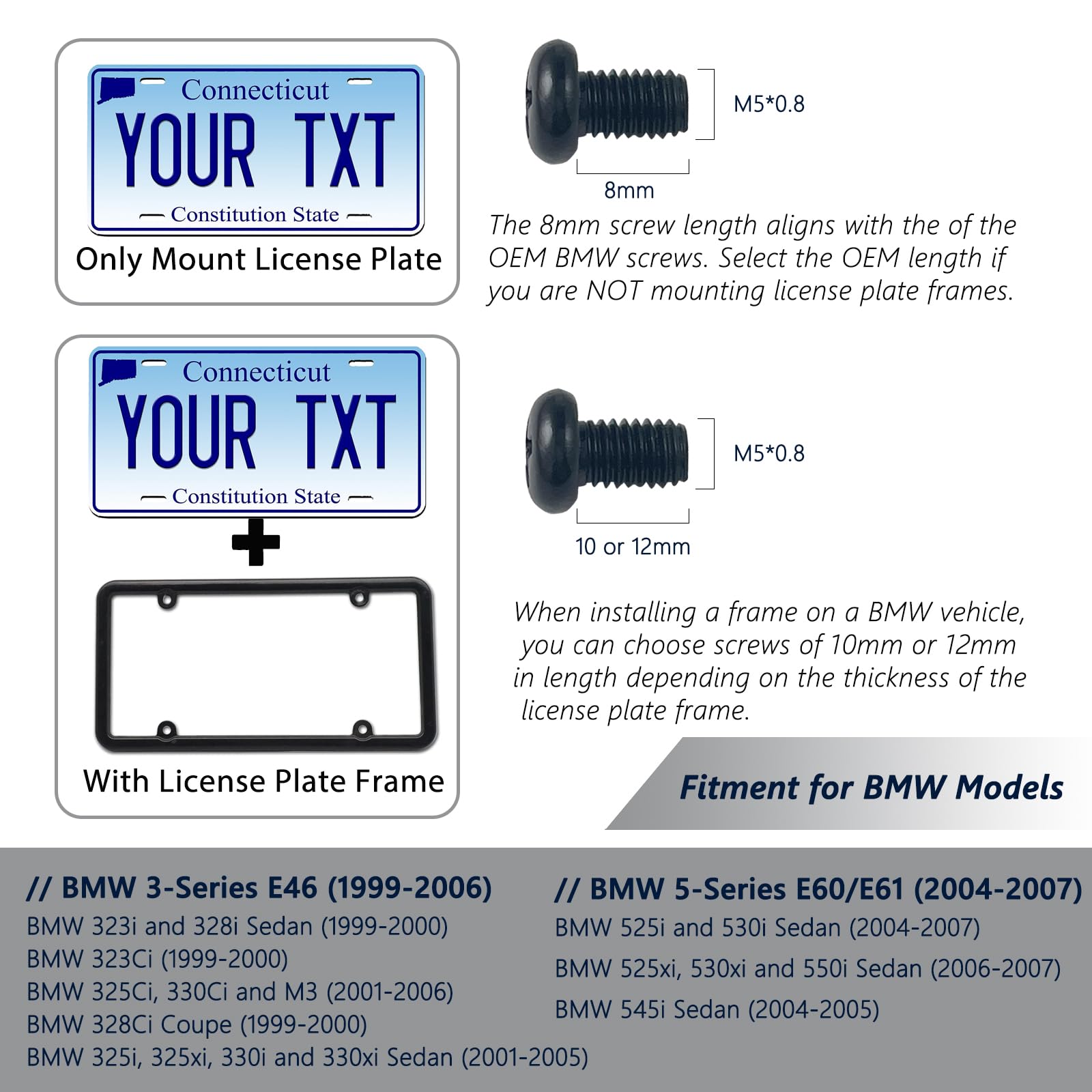 Rear License Plate Screws M5-0.8X10mm Compatible with Tesla Model 3, Y and BMW 18-8 Stainless Steel Black Zinc Plated 8 Pack