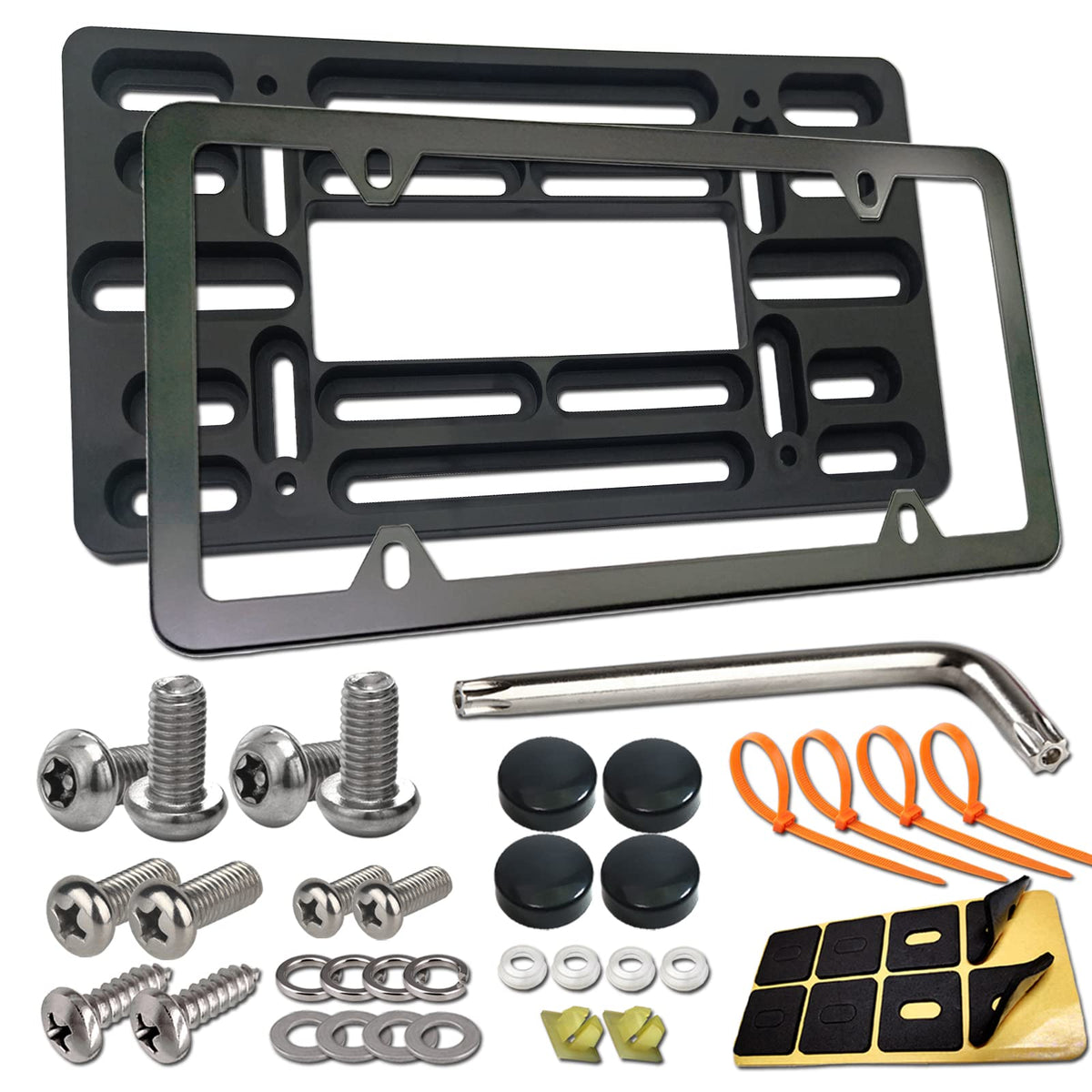 Aootf Front License Plate Bracket- Universal Bumper Mounting Kit, Car Tag Holder Adapter & Black Aluminum Plate Cover, Anti-Thef