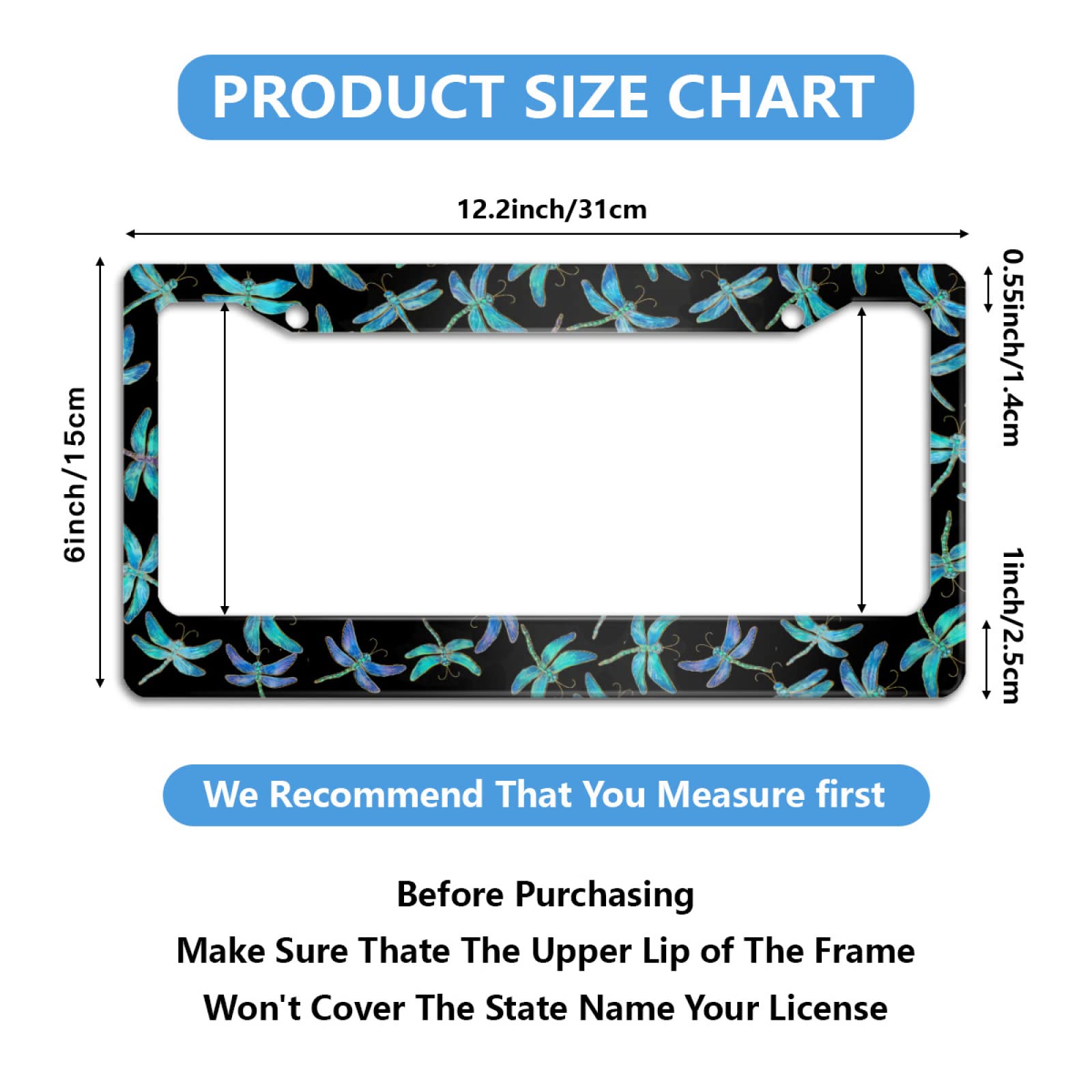 Personalized License Plate Frame Stainless Steel Beautiful Dragonfly Insects Flying Car License Plate Accessory Decorative 2 Hol