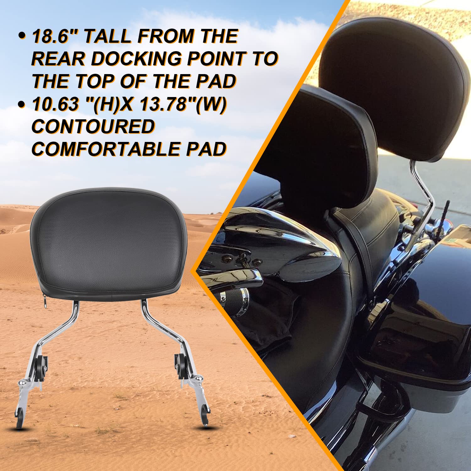 Chrome Detachable Backrest Sissy Bar With Pad Compatible with 2009-2023 Harley Touring Road King Electra Glide CVO Street Glide