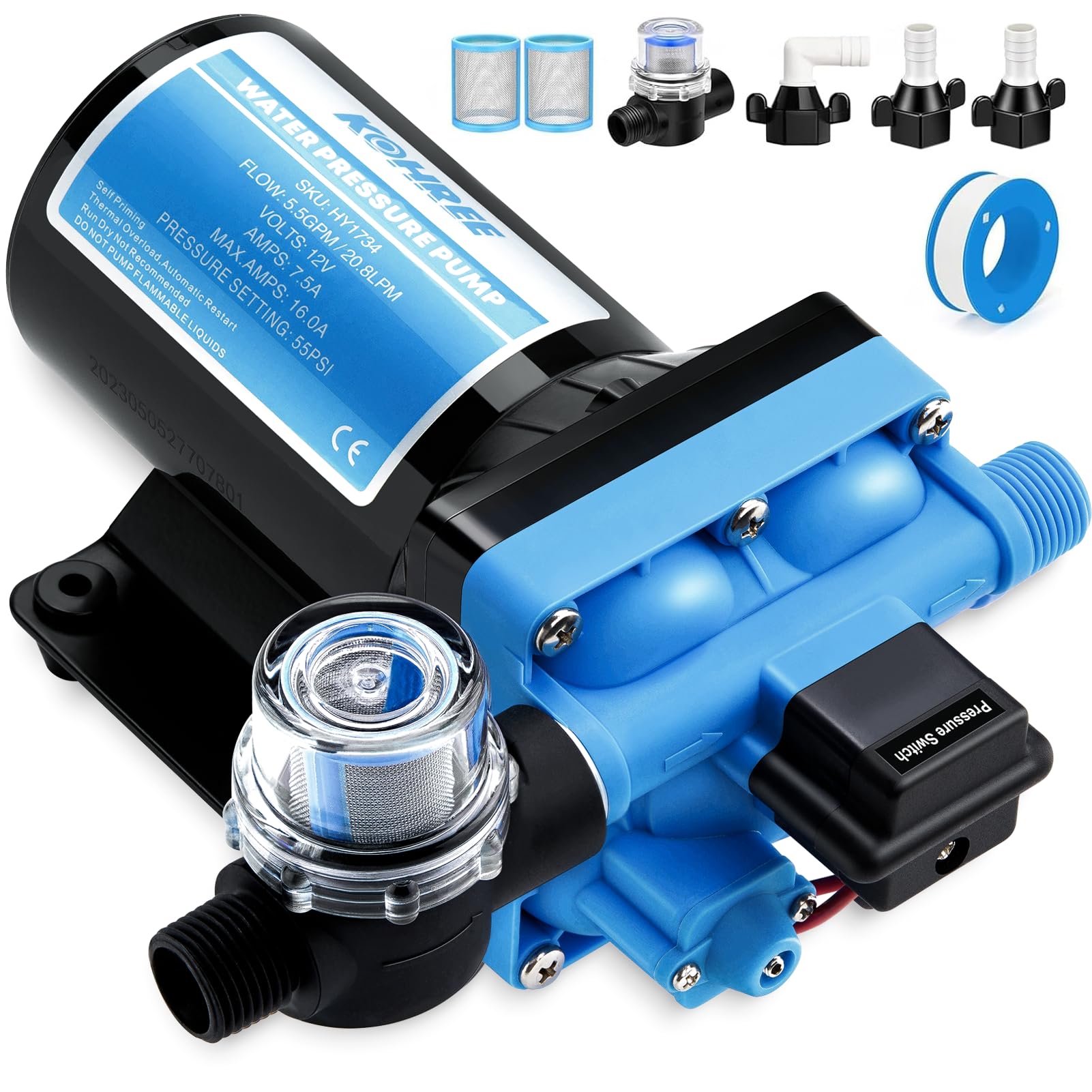 Kohree Rv Fresh Water Pump 5.5Gpm 55Psi 12V Dc Diaphragm Water Pump With Pressure Switch For Rv, Marine, Yacht, Caravan.