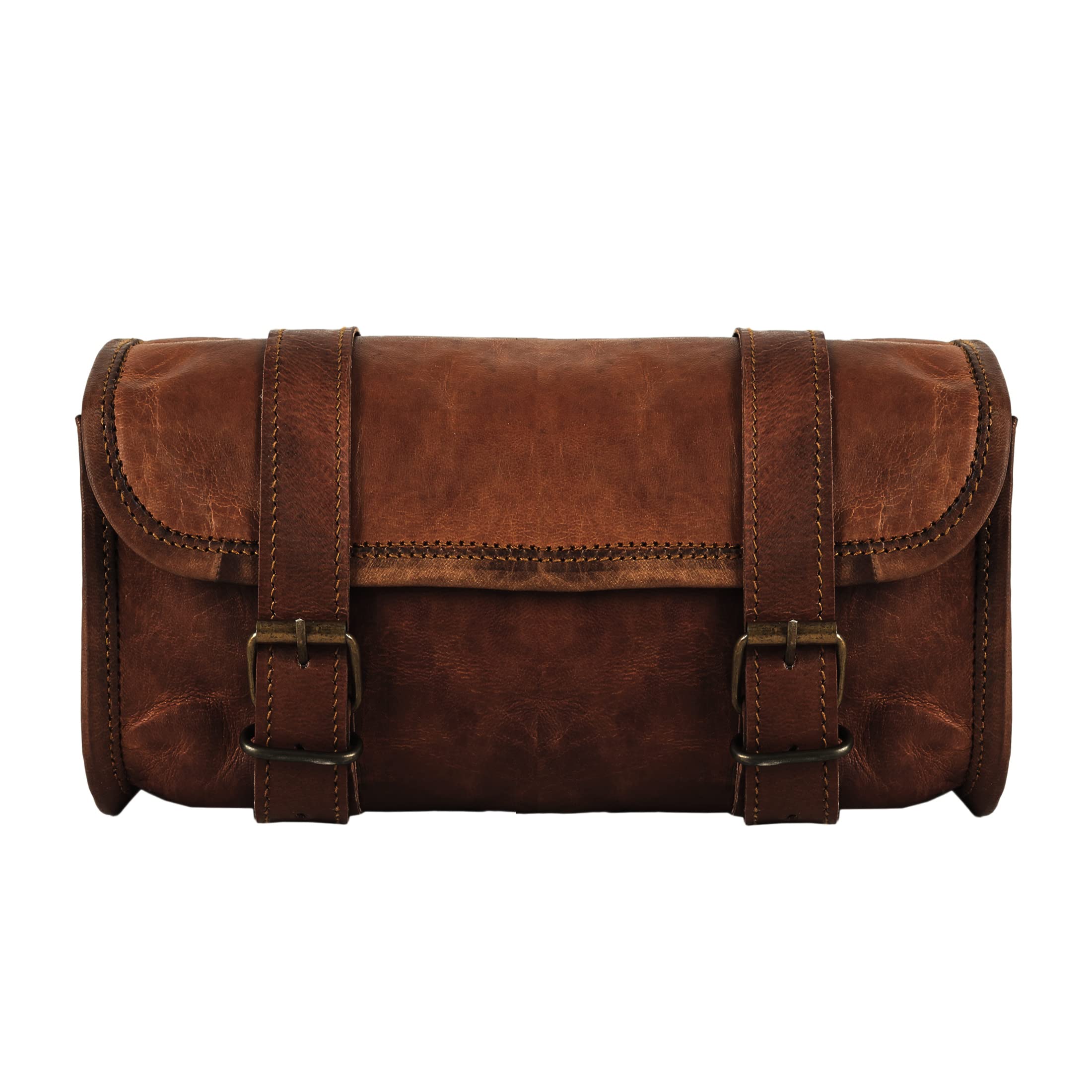 Genuine Goat Leather Vintage Motorcycle 2 Strap Buckle Closure Tool Brown Bag Quick Release Clasp REINFORCED for handlebars,Fork