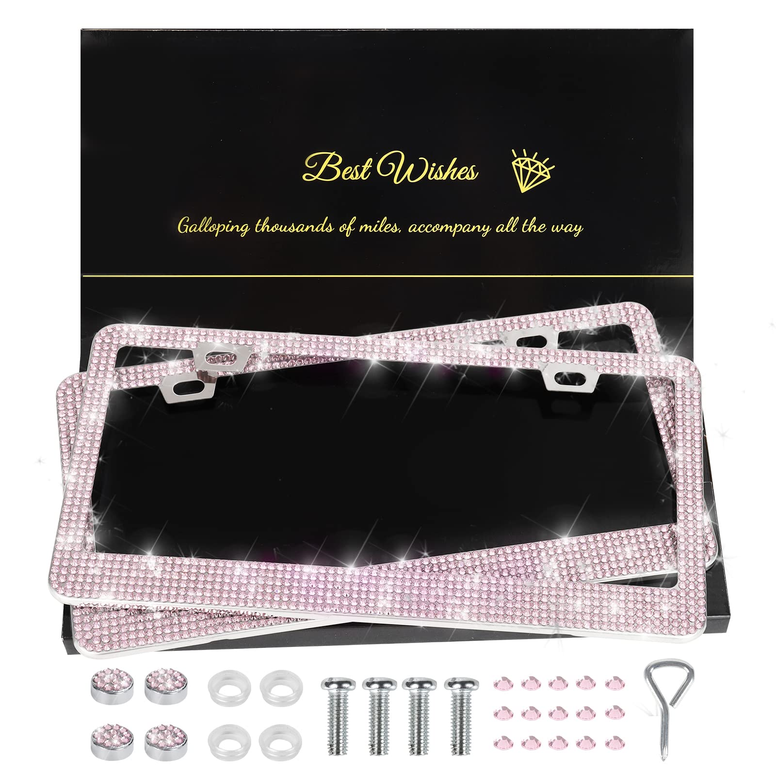 Quanqiufei 2 Pack Bling License Plate Frames For Women, Sparkly Rhinestone Diamond Car Accessories With Glitter Crystal Caps (Pi