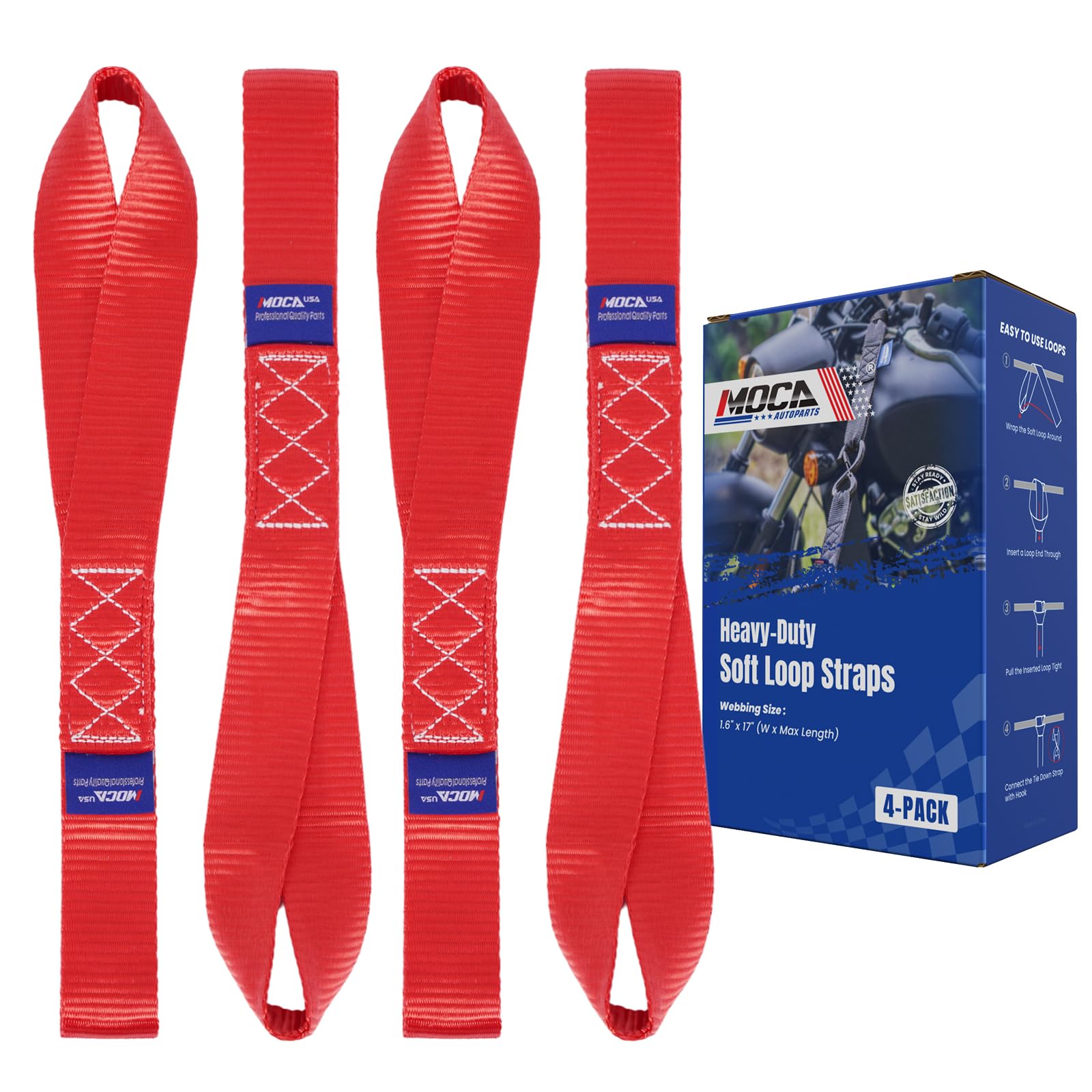 Moca 4-Pack Soft Loop Tie Down Straps 12000 Lbs Breaking Strength 1.6 X 17 Inches, Heavy Duty Tie Down Loops For Secure Traileri