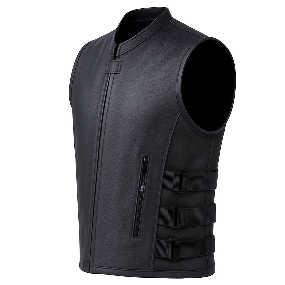 Men's Armor Biker Motorcycle Vest Swat Style | Premium Black Cowhide Leather | Adjustable Waist & Concealed Carry Pockets Black 