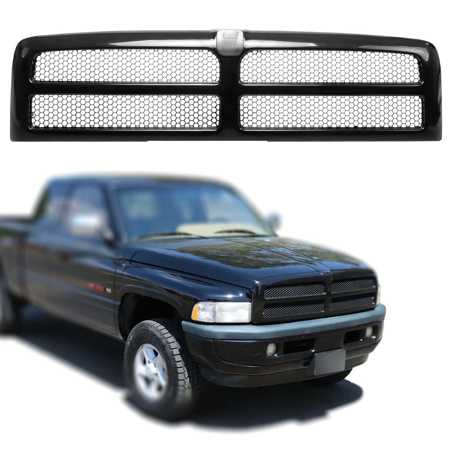 Carpartsdepot Black Frame Honeycomb Mesh Style Front Upper Grille Grill Fit For 1994-2002 Dodge Ram 1500 2500 3500 Pickup Truck,