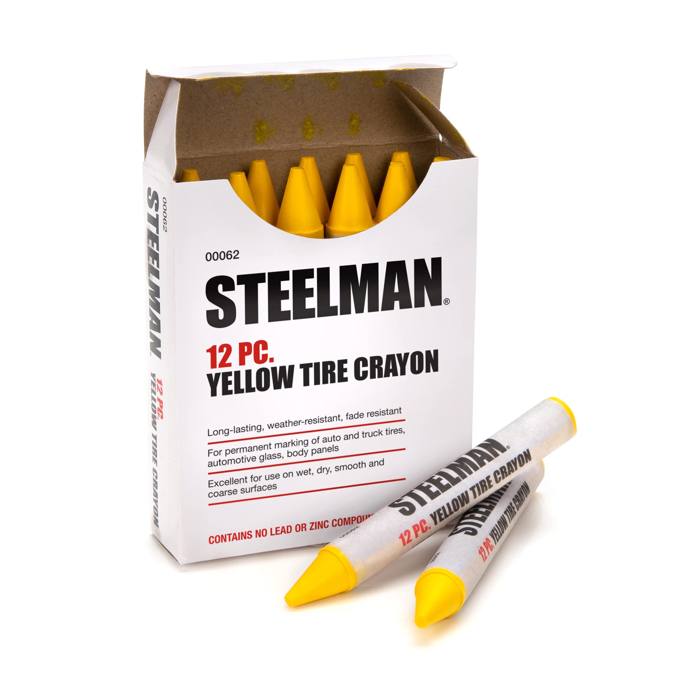 Steelman Yellow Tire Marking Crayons For Mechanics, Marks Damage On Wet And Dry Tires, Box Of 12