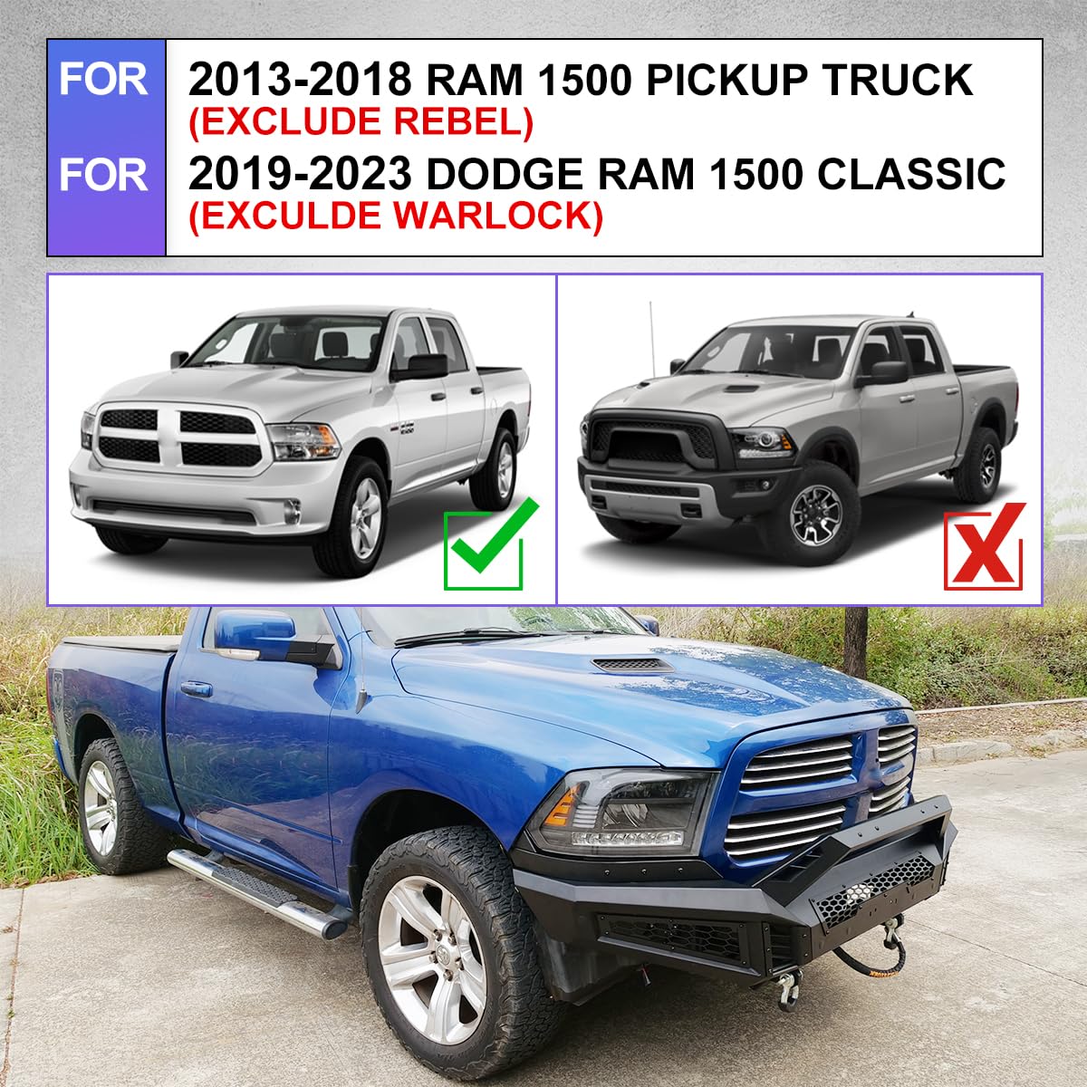 WOLFSTORM Front Bumper Compatible With 2013-2018 Dodge RAM 1500 and 2019-2024 RAM 1500 Classic (Excluding Warlock) Pickup Truck