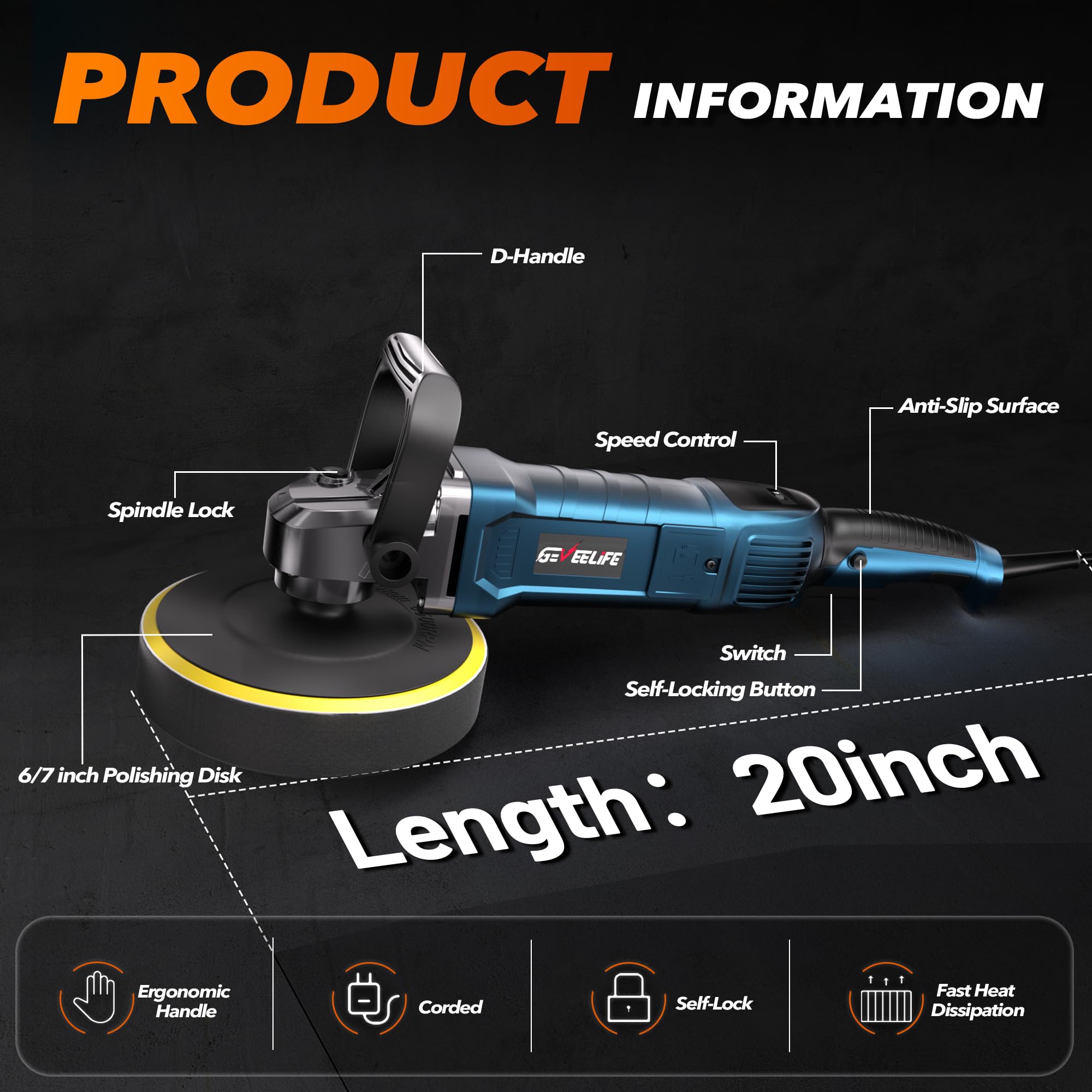 Geveelife Buffer Polisher, 6 Inch/7 Inch 1600W Rotary Car Buffer Polisher Waxer, 7 Variable Speed 1000-3500 Rpm, Detachable Hand