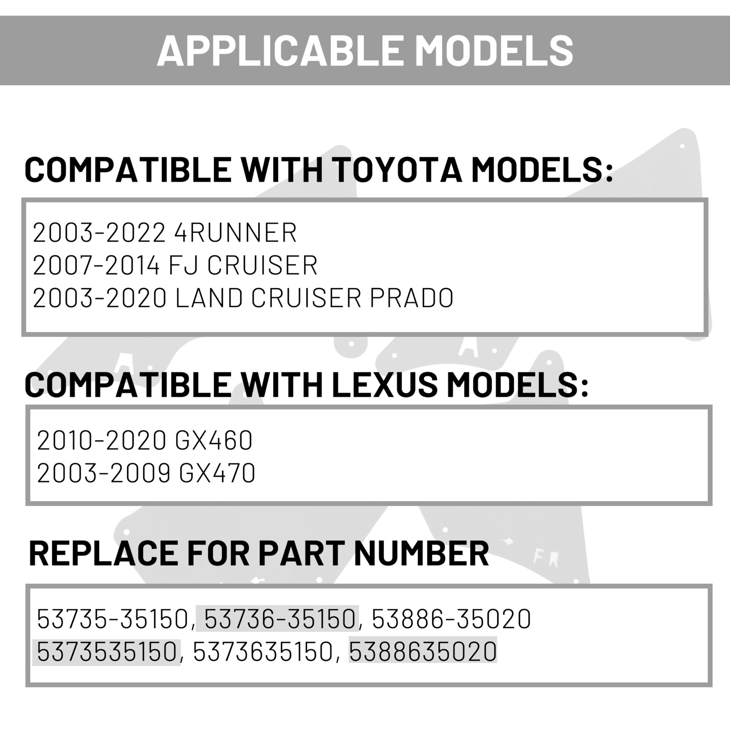 ECOTRIC Splash Guards Fender Liner Shield Compatible with 2003-2022 Toyota 4 Runner 2007-2014 FJ Cruiser 2003-2020 Land Cruiser 2003-2020 Lexus GX460 GX470 Replace for 5373535150 5373635150 5388635020