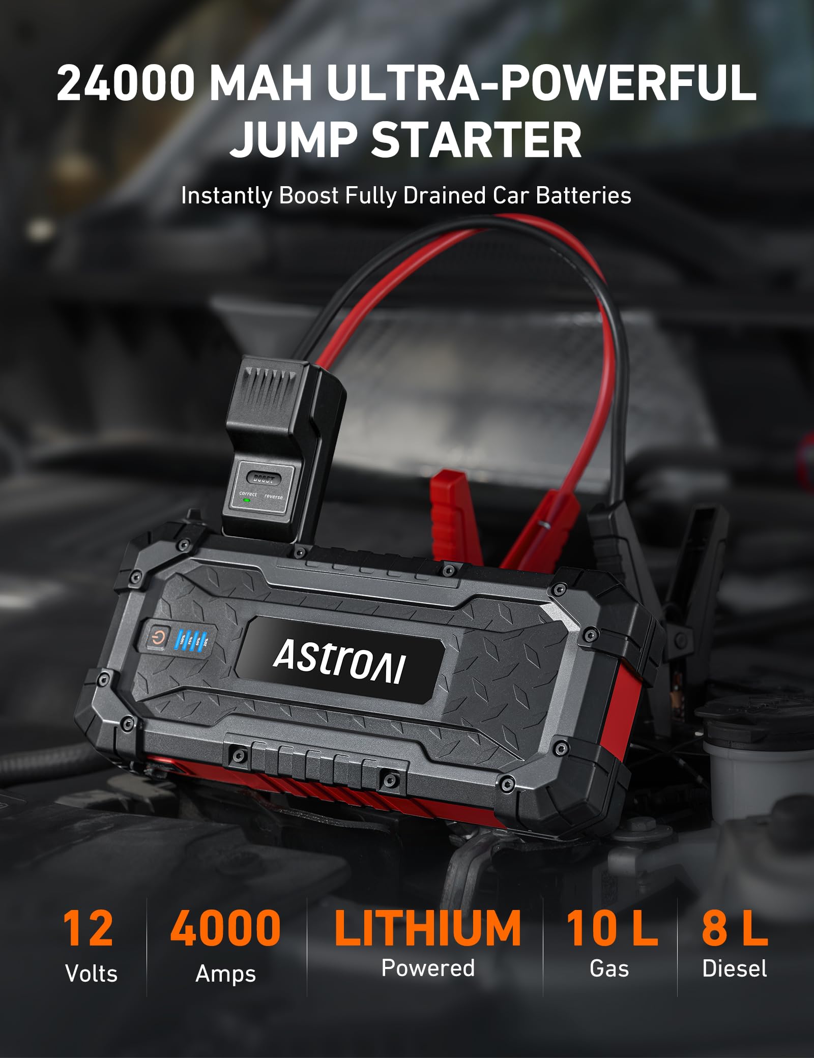 Astroai S8 Ultra Jump Starter Battery Pack, 4000A Battery Jump Starter With Wall Charger For Up To 10.0L Gas & 8.0L Diesel Engin