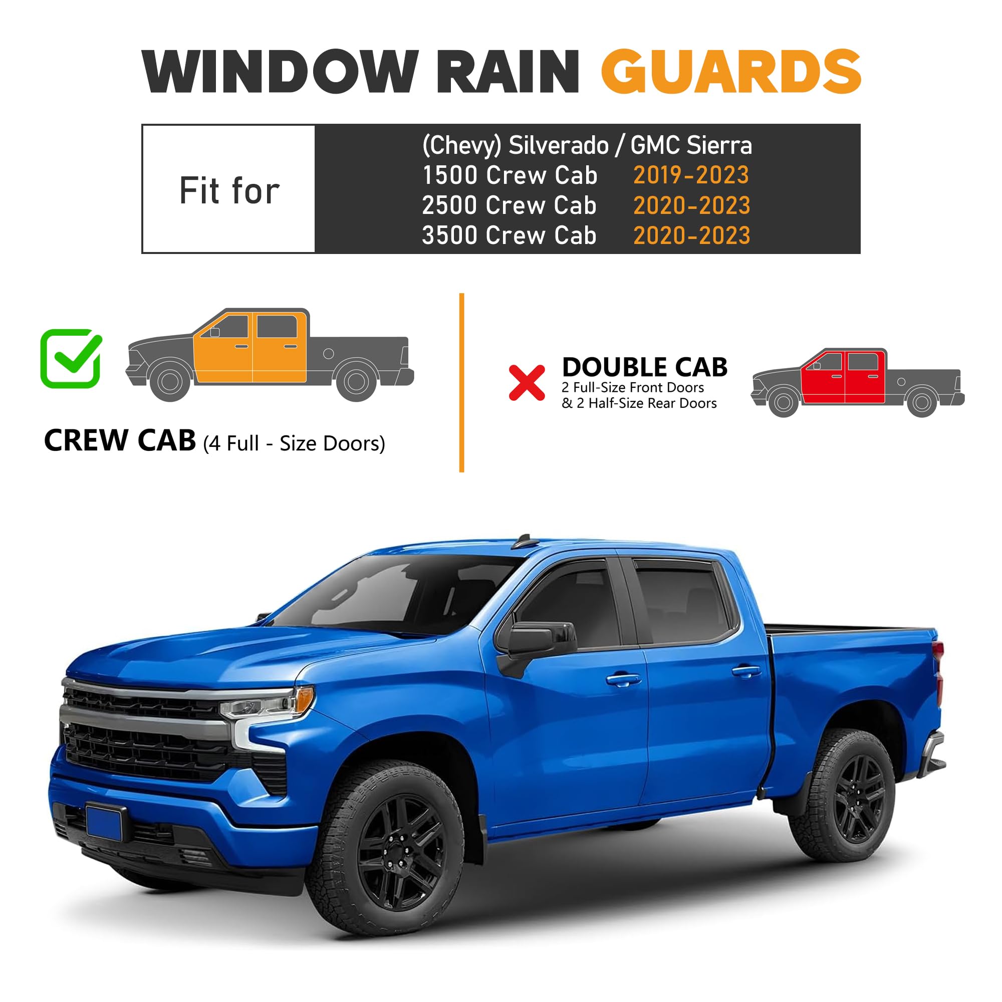 Hope You Ready Shatterproof Tape-On Window Visors Rain Guards Fit For 2019-2024 Chevy (Chevrolet) Silverado Gmc Sierra 1500 2500