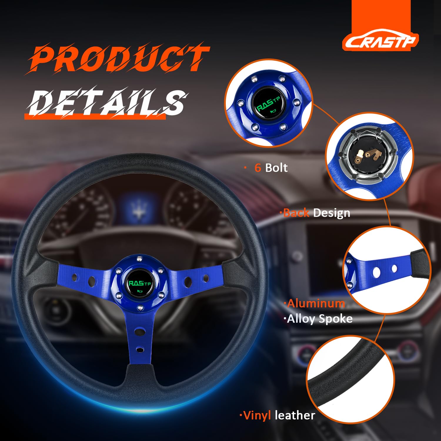 Rastp Universal Racing Steering Wheel,Drifting Deep Dish Steering Wheel 13.8   /350Mm 6 Bolts Grip Vinyl Leather & Aluminum With