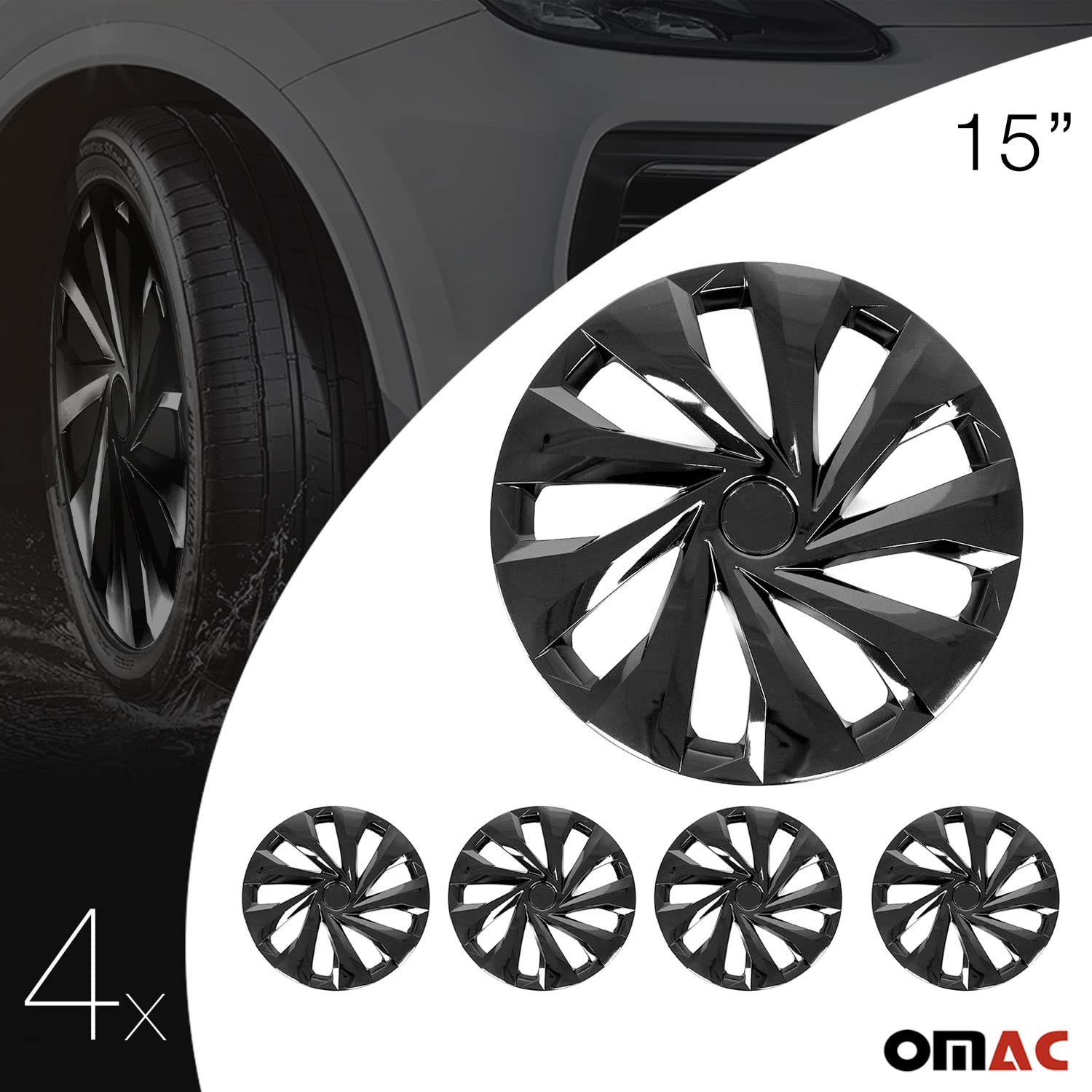 Omac - Abs Black Hub Caps 15 Inch Set Of 4, Tapas Para Rines 15, Premium Wheel Covers 15 Inch, R15 Rim Cover Set, Snap On Durabl