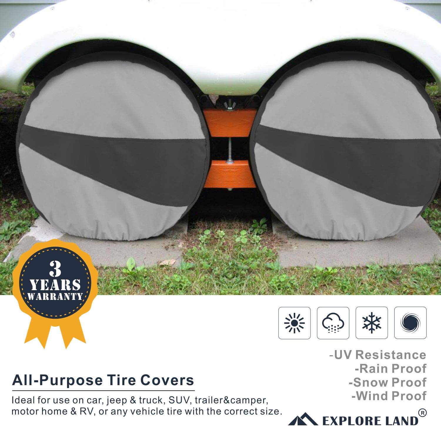 Explore Land Tire Covers 2 Pack - Tough Tire Wheel Protector For Truck, Suv, Trailer, Camper, Rv - Universal Fits Tire Diameters 23-25.75 Inches, Black & Gray