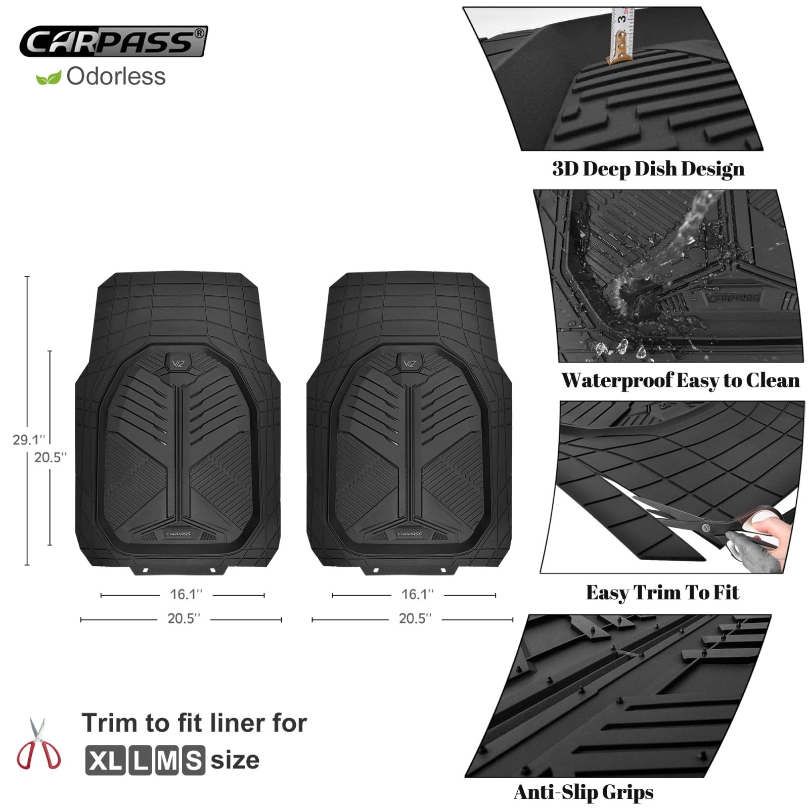 Car Pass Heavy Duty Rubber Car Mats, Deep-Dish 2-Piece Car Floor Mats Front Only, All Weather Protection Universal Trim-To-Fit F