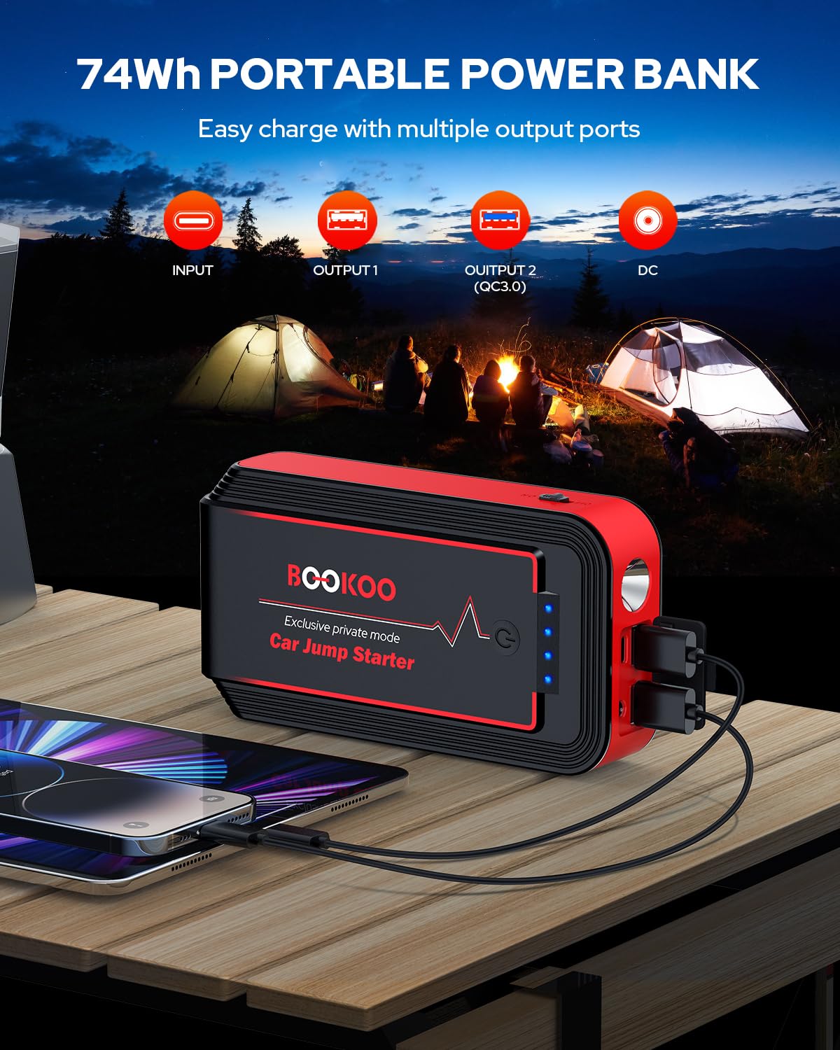 BooKoo Jump Starter 3000A - Portable Car Battery Jumper Pack for 12V Gas & 8.0L Diesel, Red & Black, Model H9, with Power Bank