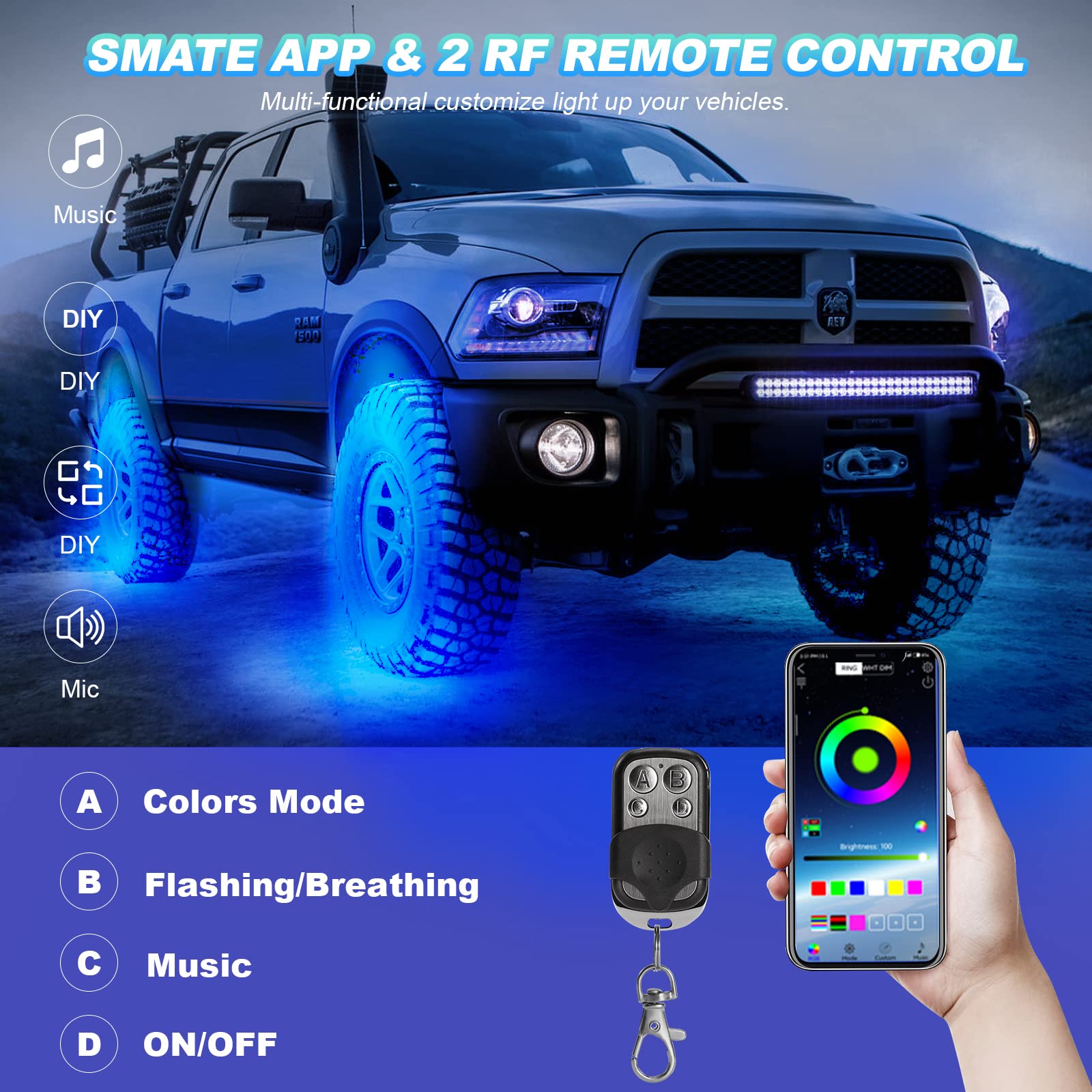 8Pods Rgb Led Rock Lights, Multicolor Exterior Lights For Trucks Waterproof Neon Underglow Lights With App/Rf Control Music Mode, Brake Warn, Dual Zone Control For Car Jeep Offroad Suv Atv Wheel Well
