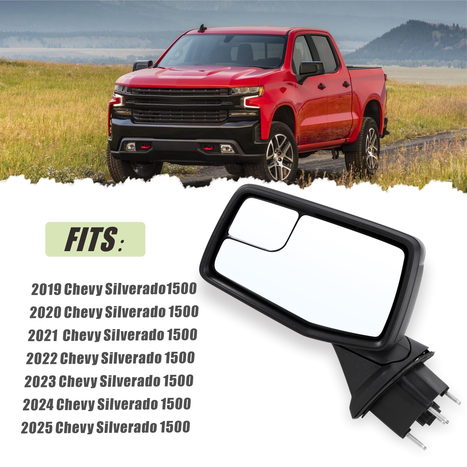 Lqito Left Driver Side Mirror Compatible with 2019 2020 2021 2022 2023 2024 2025 Chevy Silverado 1500 Black Replace #GM1320582(0