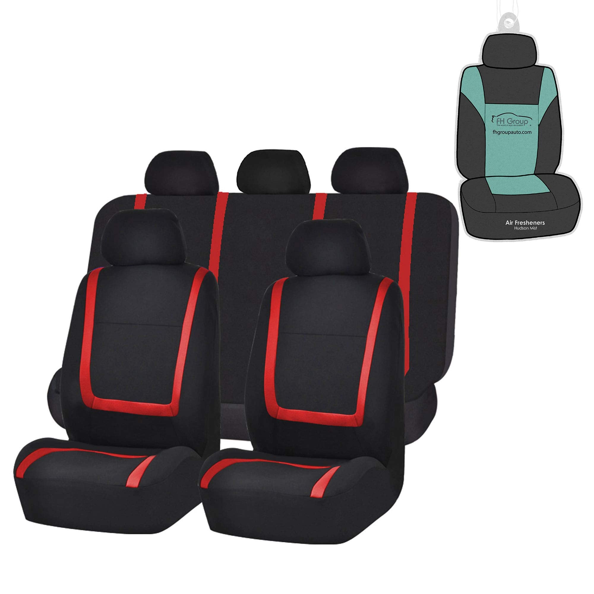 FH Group Car Seat Covers Unique Flat Cloth Full Set Automotive Seat Covers Front Set and Rear Solid Bench Red Black Seat Covers 