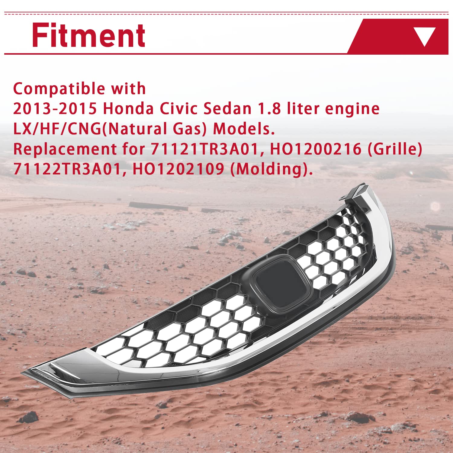 Hecasa Front Bumper Grill Compatible With 2013 2014 2015 Honda Civic Sedan 71121Tr3A01 Ho1200216 (Grille) 71122Tr3A01 Ho1202109 (Molding) Honeycomb Bumper Hood Grille