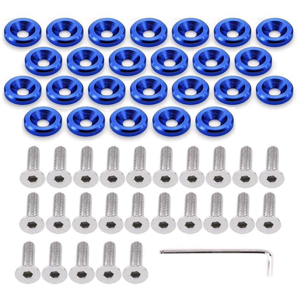 Stetion 25 Pcs Fender Bumper Washer Bolt 6061 T6 Grade M6X20Mm Cnc Finishing Washer Engine Bay Dress Up Fastener Kit (Blue)