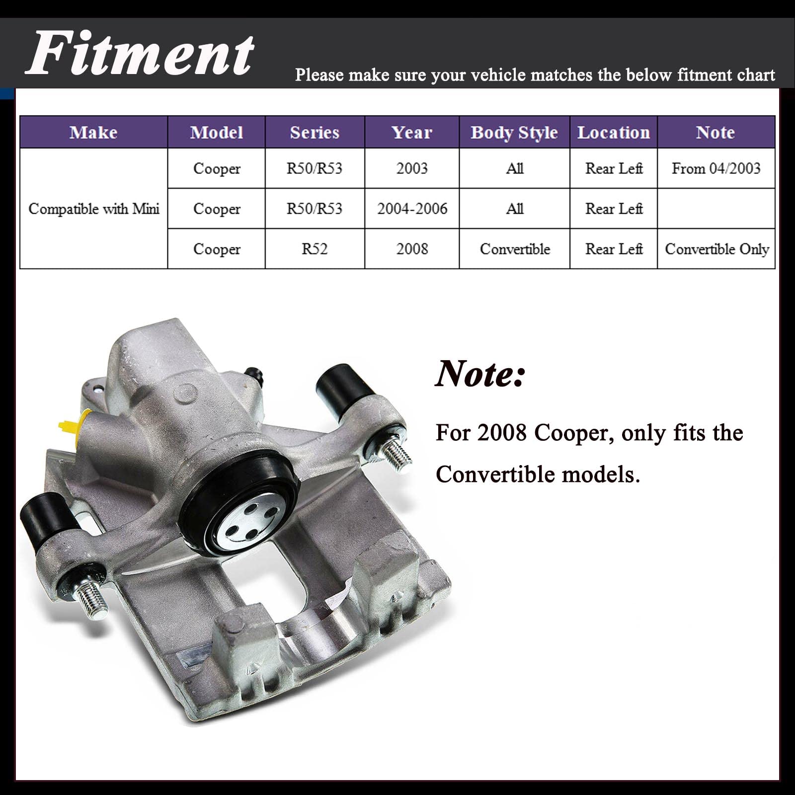 Rear Driver Side Brake Caliper Assembly Replacement For Mini Cooper 2003-2006 2008 L4 1.6L R50 R52 R53