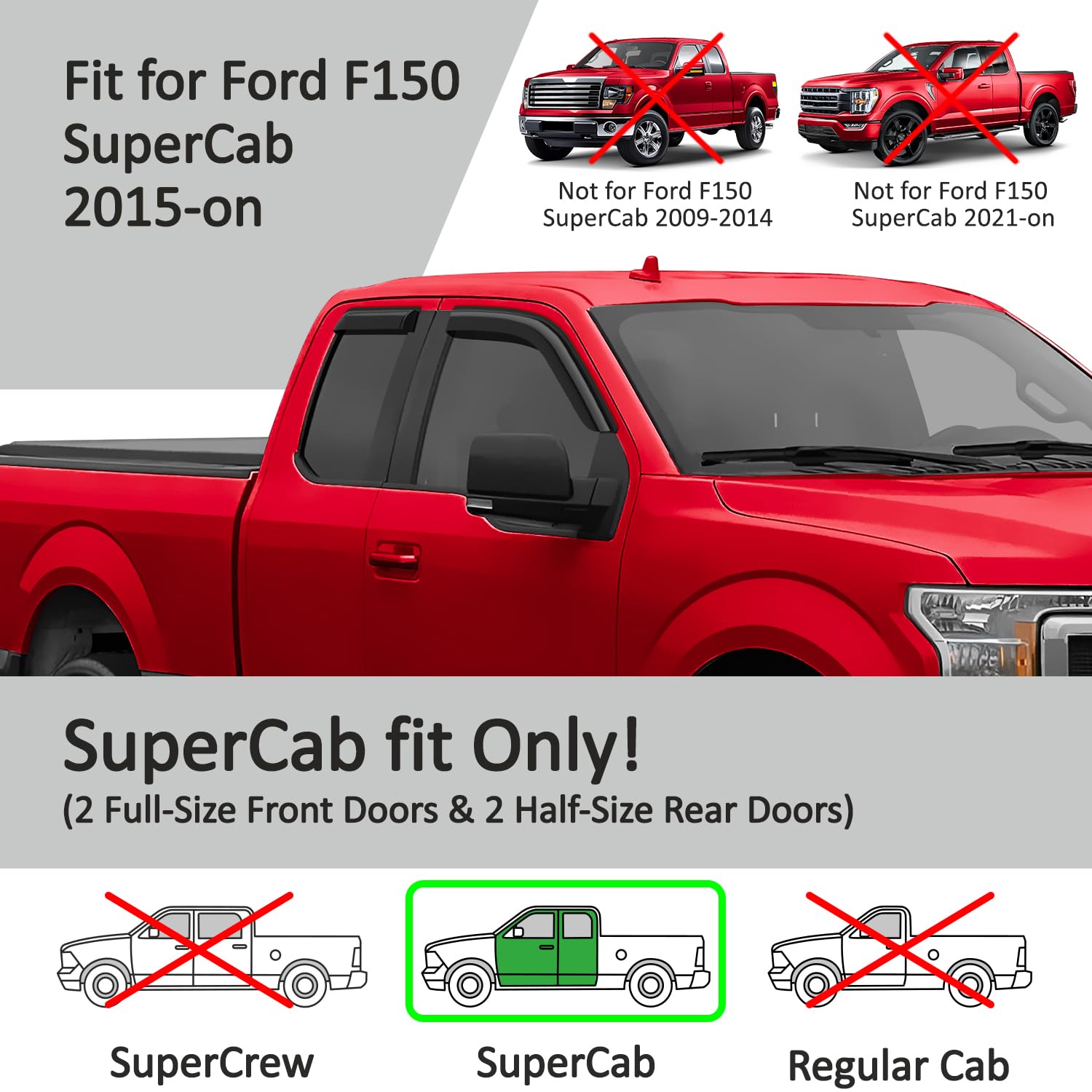 Voron Glass Tape-On Extra Durable Rain Guards For Trucks Ford F-150 2015-2025 Supercab, Window Deflectors, Vent Window Visors, 4