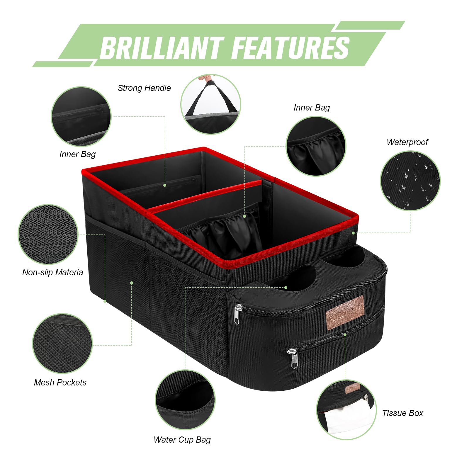 Funny Elf Car Seat Organizer - Passenger Seat Organizer, Collapsible Car Storage With Partitions & 4 Cup Holders For Front Seat