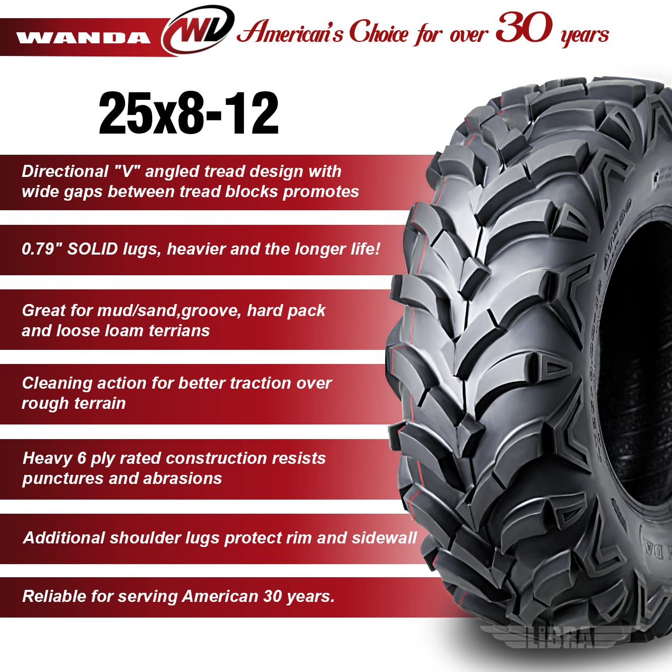 Wanda Set Of 4 Atv Utv Tires 25X8-12 25X8X12 Front & Rear 6Pr P341