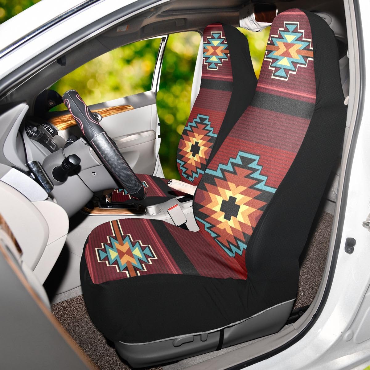 LONSANT Native American Tribal Car Seat Covers Set of 2,Southwest Native Aztec Red Print Navajo Design Universal Auto Front Seat