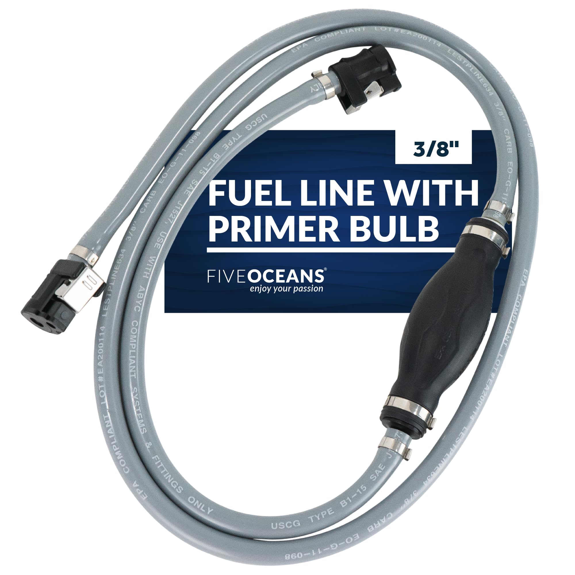Five Oceans 3/8-Inch Marine Outboard Motor Fuel Line for Yamaha Mercury, Leakproof, 6-foot Long, Reinforced EPA/CARB, Replaces P